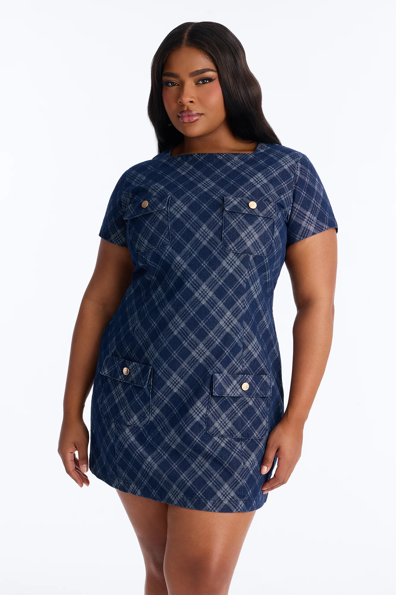 Camila Plaid Denim Mini Dress - Denim - Image 4