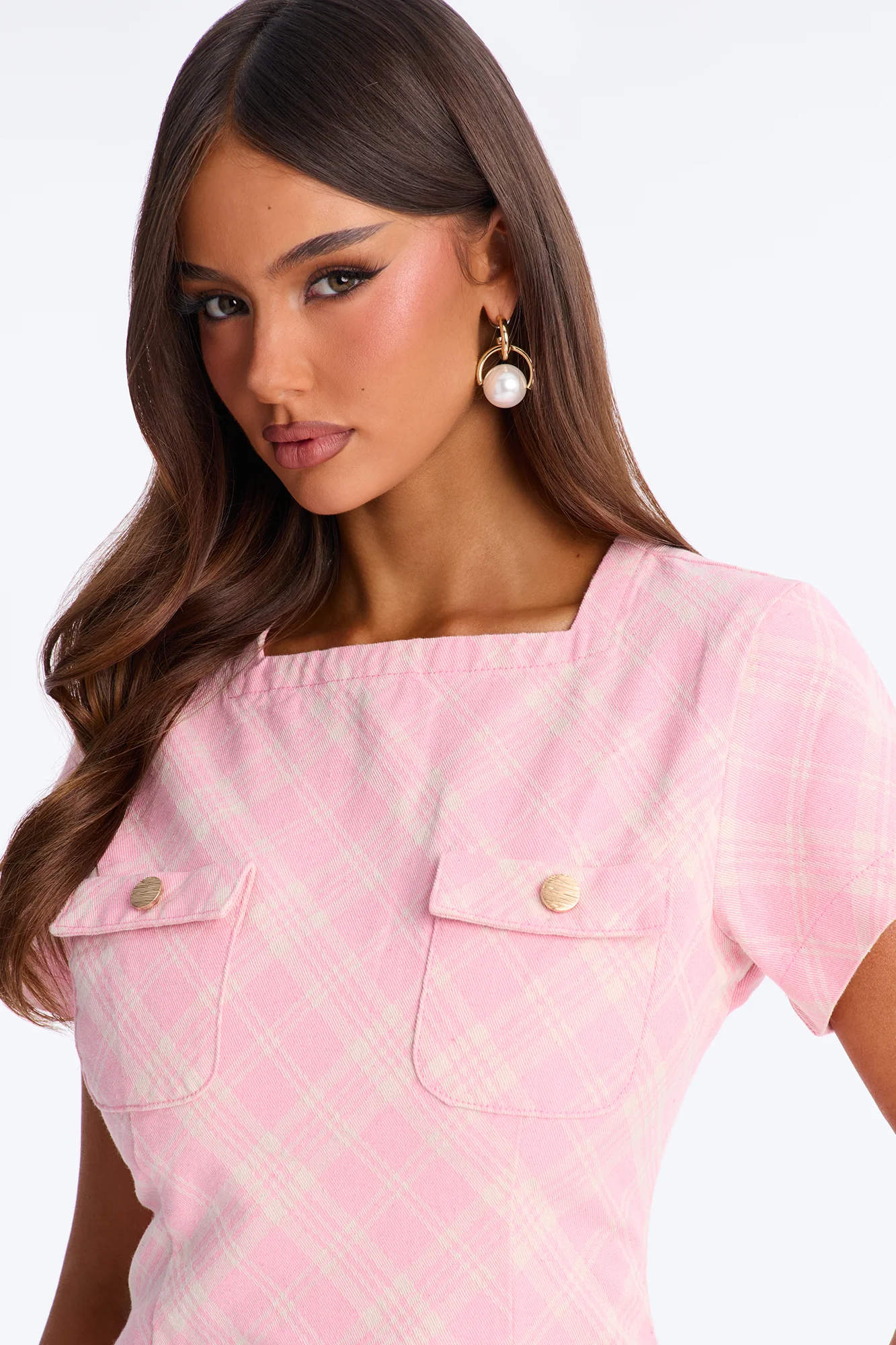 Camila Plaid Denim Mini Dress - Pink - Image 4