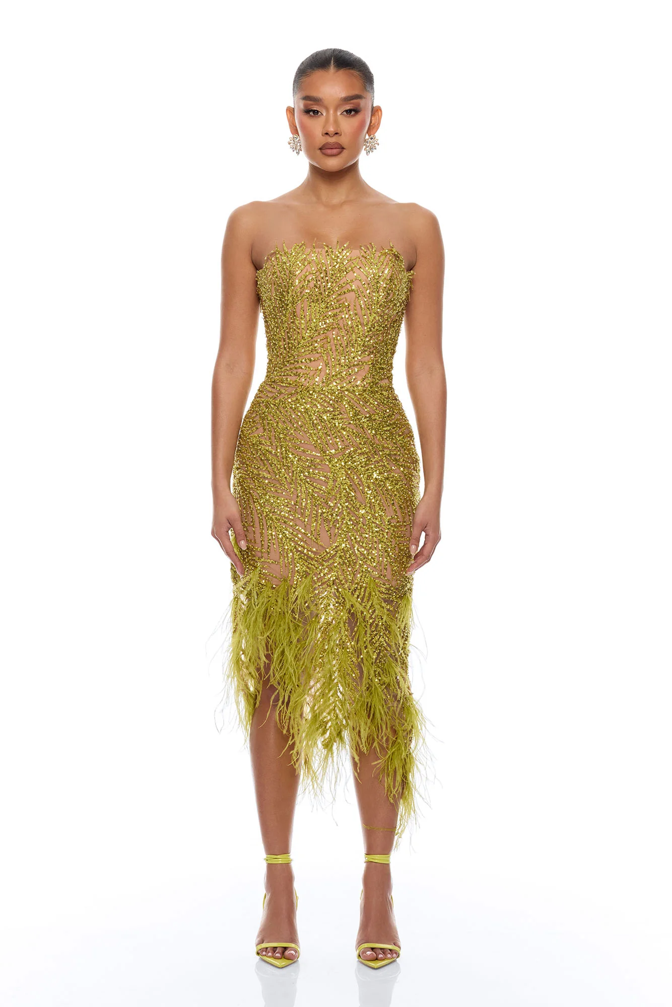 Camille Feathered Embellished Midi Dress - Chartreuse