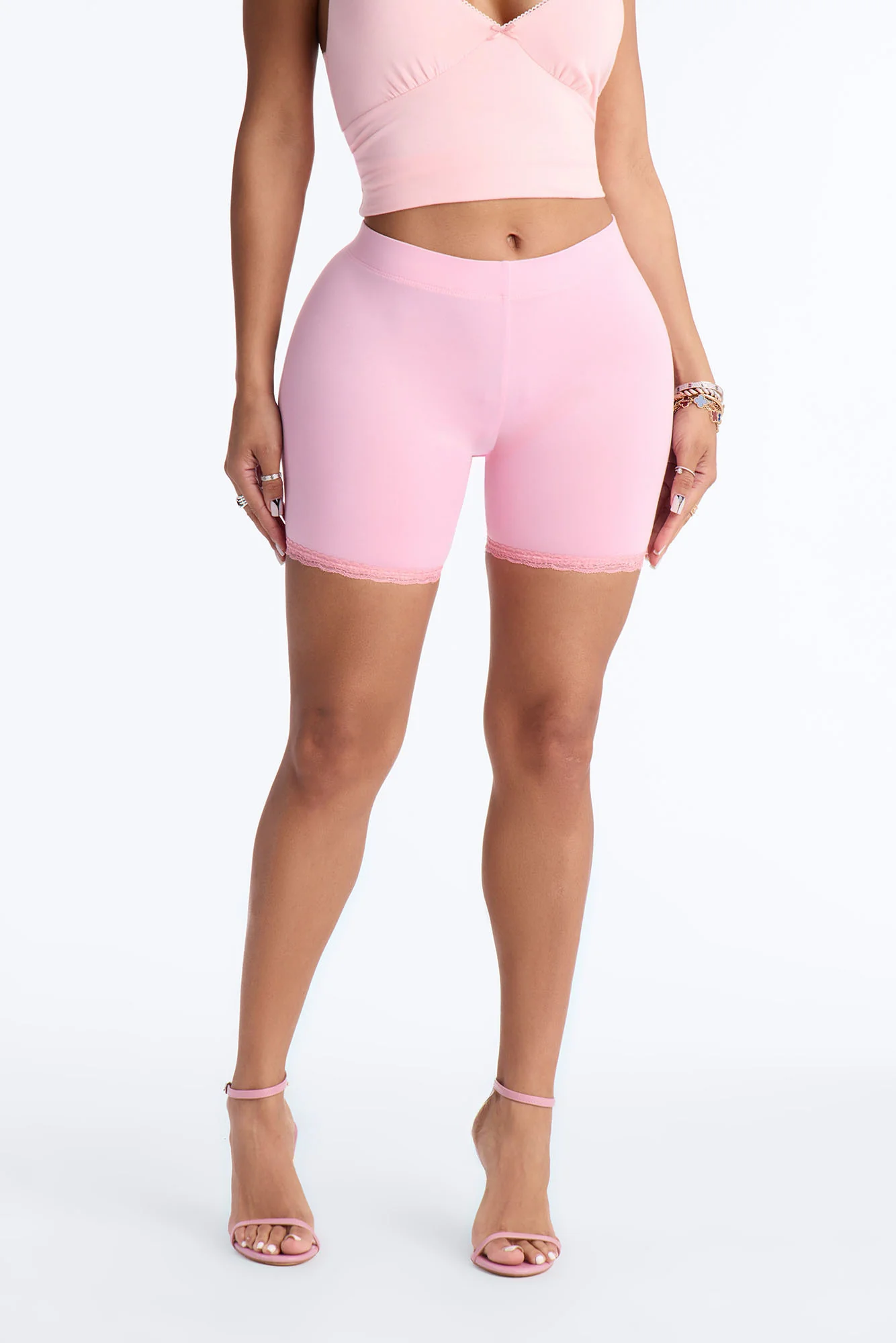 Camille Lace Trim Biker Short - Light Pink - Image 2