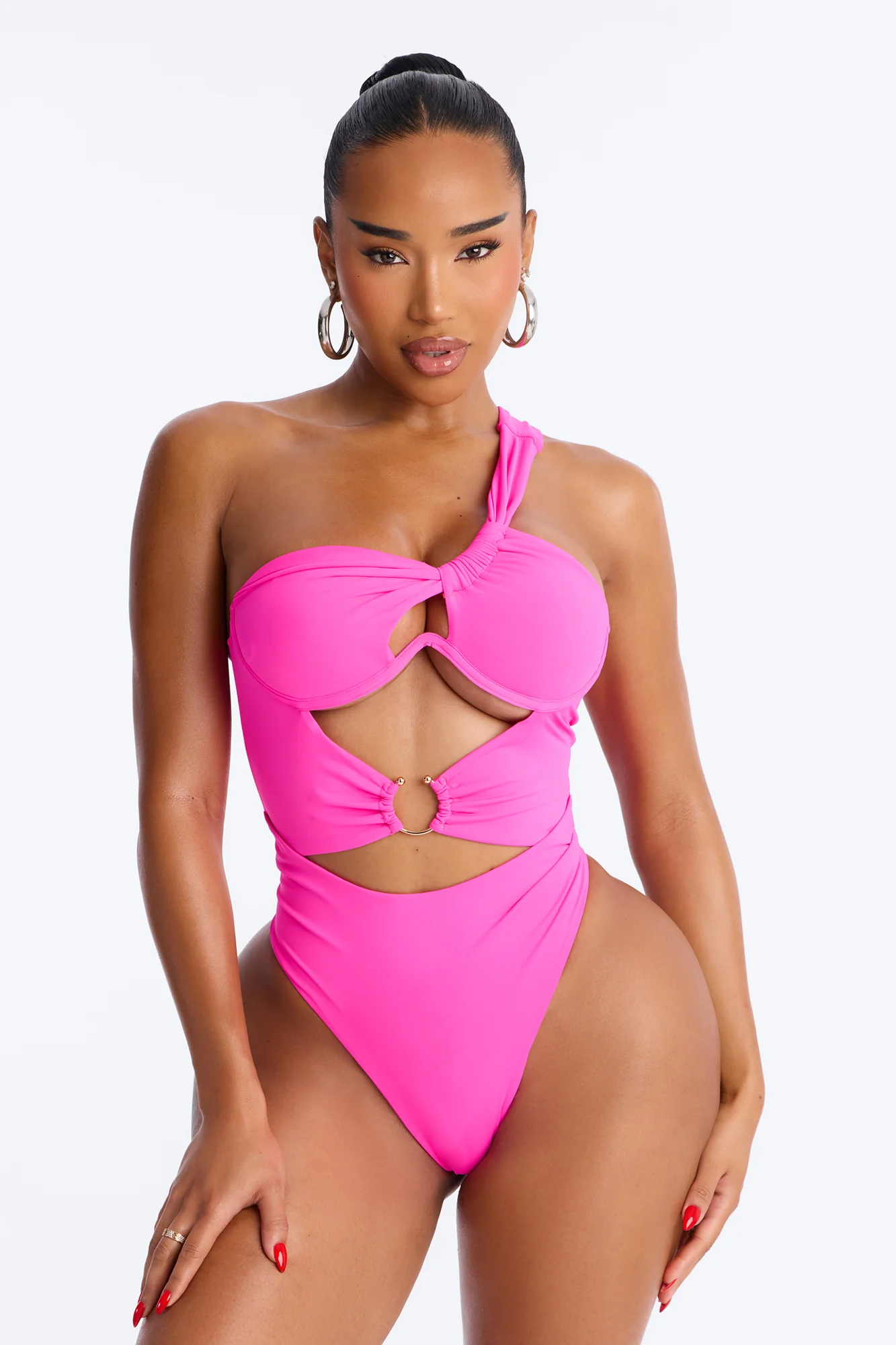 Can Sea Clearly Now Underwire One Shoulder Hardware Asymmetrical 1 Piece Swimsuit - Hot Pink