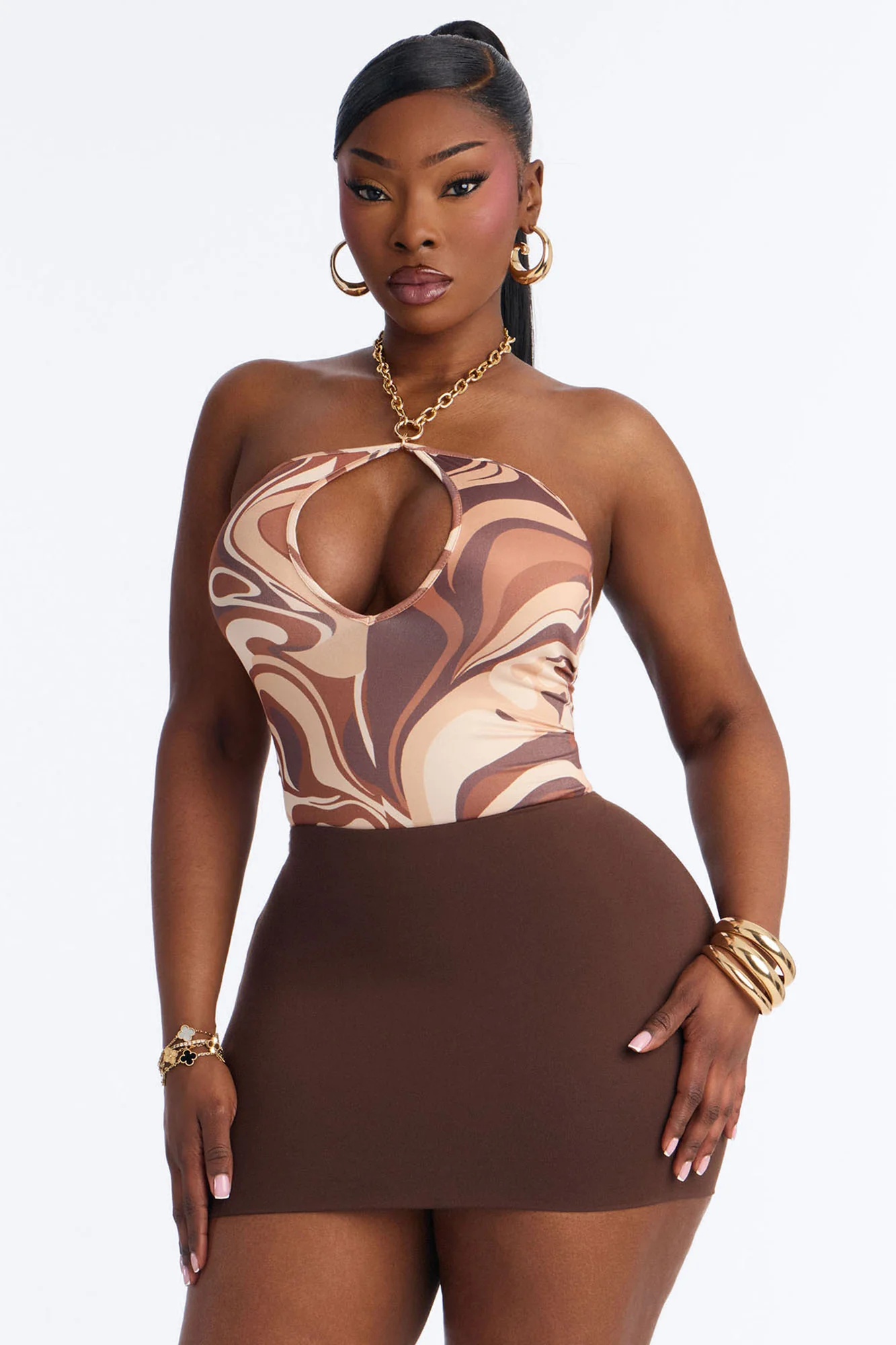 Capri Abstract Y Neck Chain Bodysuit - Brown/combo - Image 8