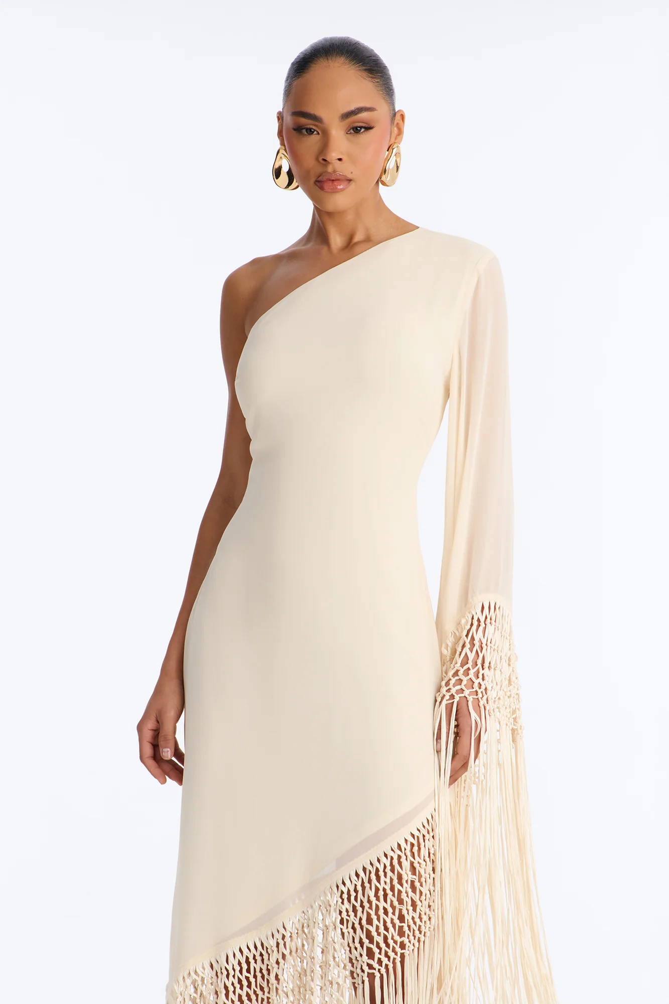 Capri Fringe Chiffon Maxi Dress - Cream - Image 2