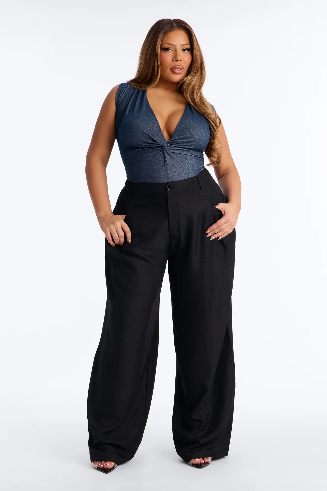 Cara Deep V-Neck Twist Sleeveless Bodysuit - Navy - Image 7