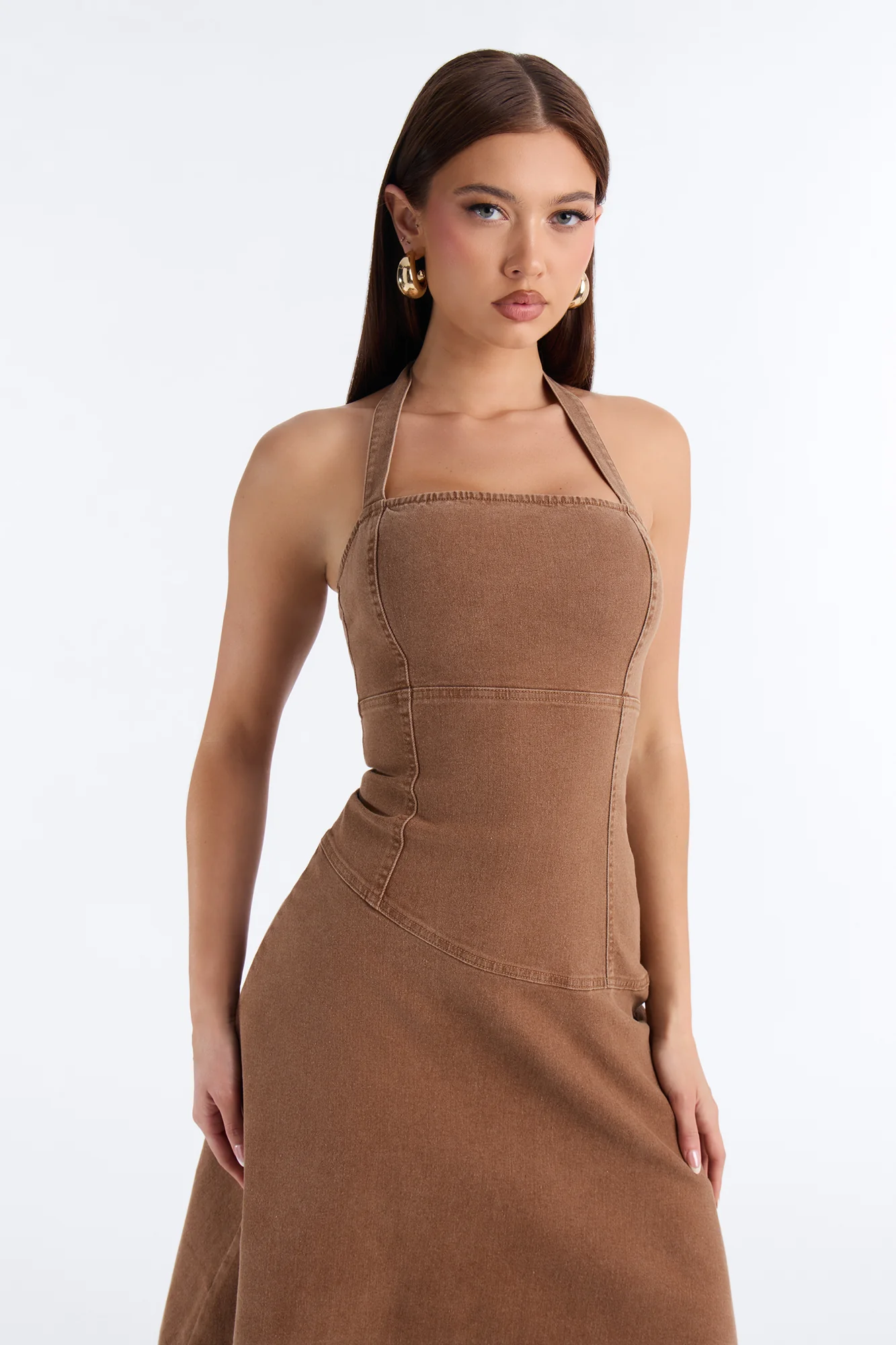 Carina Asymmetrical Denim Midi Dress - Chocolate - Image 2