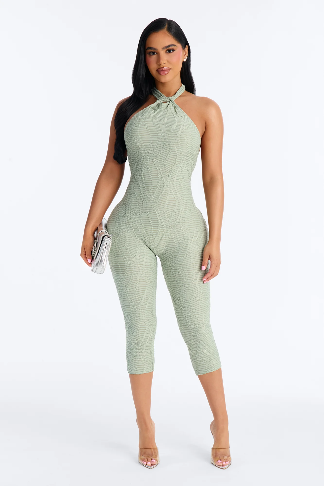Carina High Neck Textured Backless Capri Catsuit - Olive