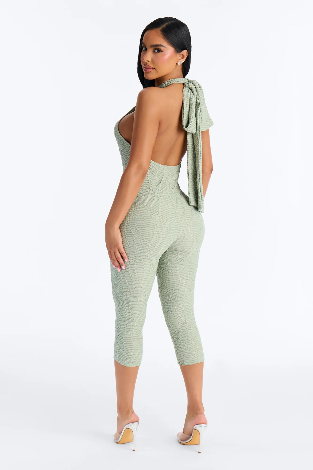 Carina High Neck Textured Backless Capri Catsuit - Olive - Image 4