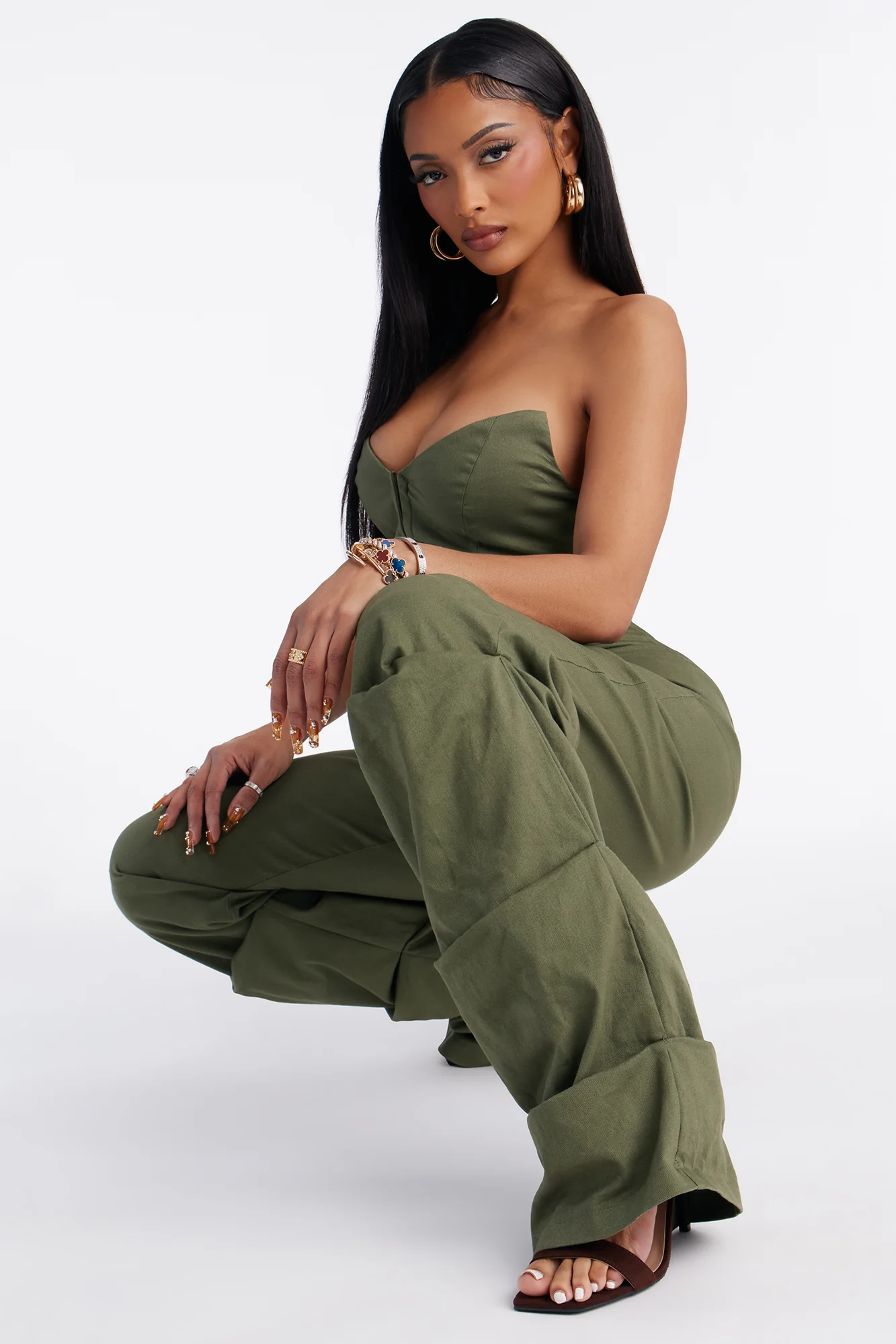 Carla Twill Ruched Wide Leg Jumpsuit - Green - Image 2