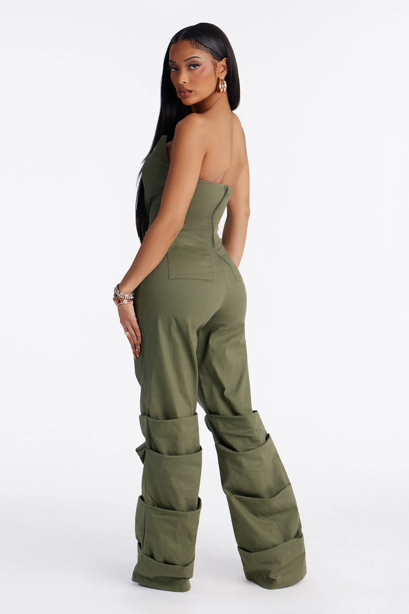 Carla Twill Ruched Wide Leg Jumpsuit - Green - Image 4