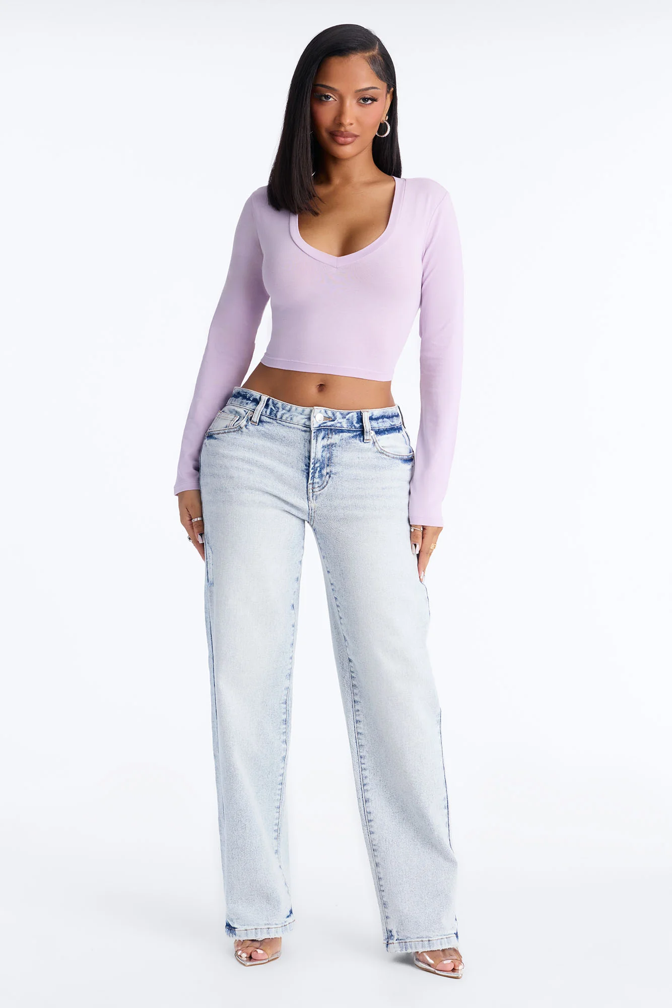 Carly V Neck Crop Long Sleeve Tee - Lilac - Image 2