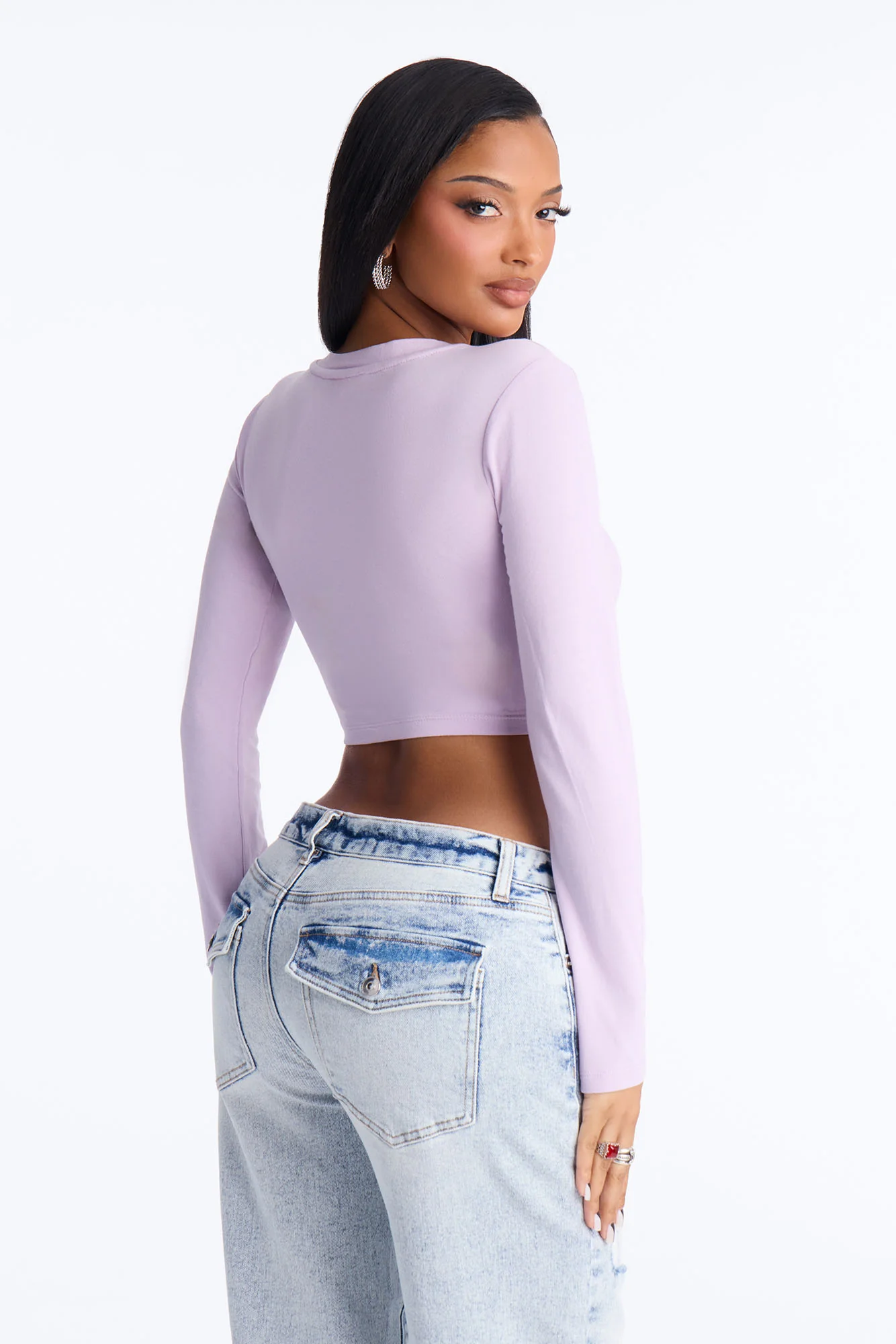 Carly V Neck Crop Long Sleeve Tee - Lilac - Image 3