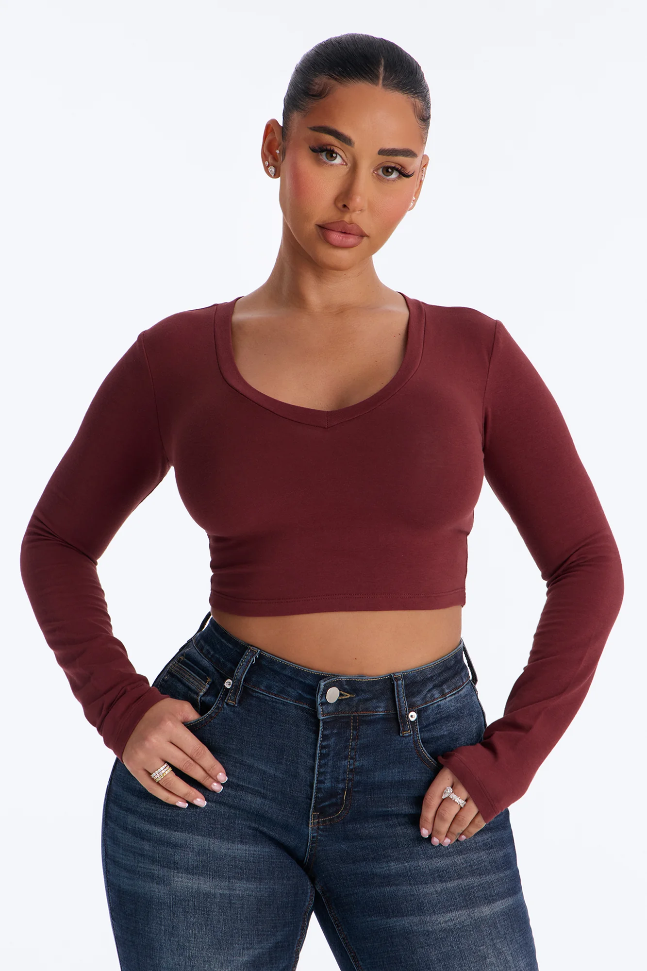 Carly V Neck Crop Long Sleeve Tee - Wine