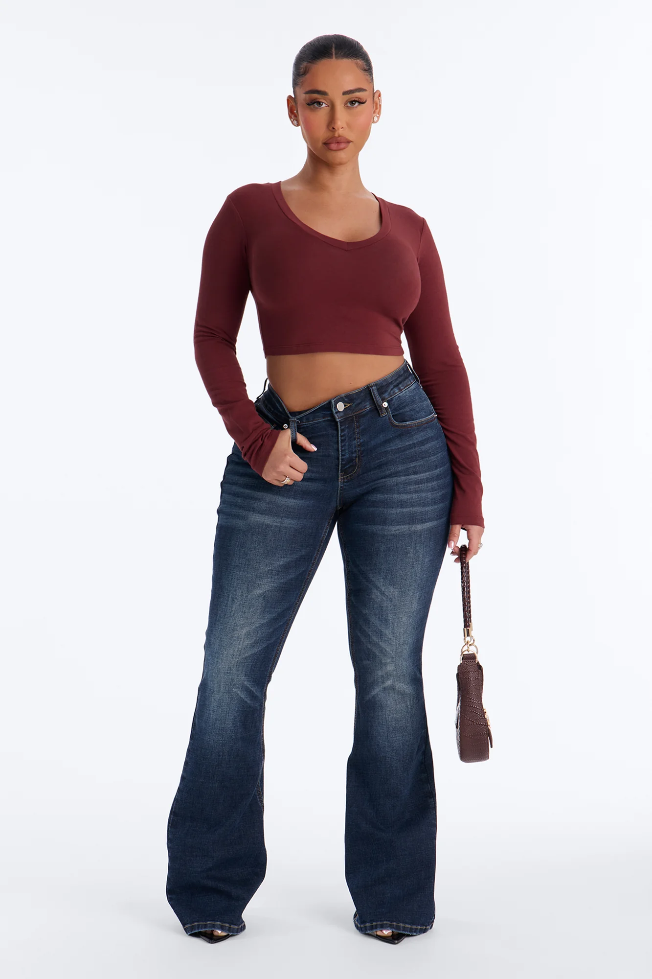 Carly V Neck Crop Long Sleeve Tee - Wine - Image 2