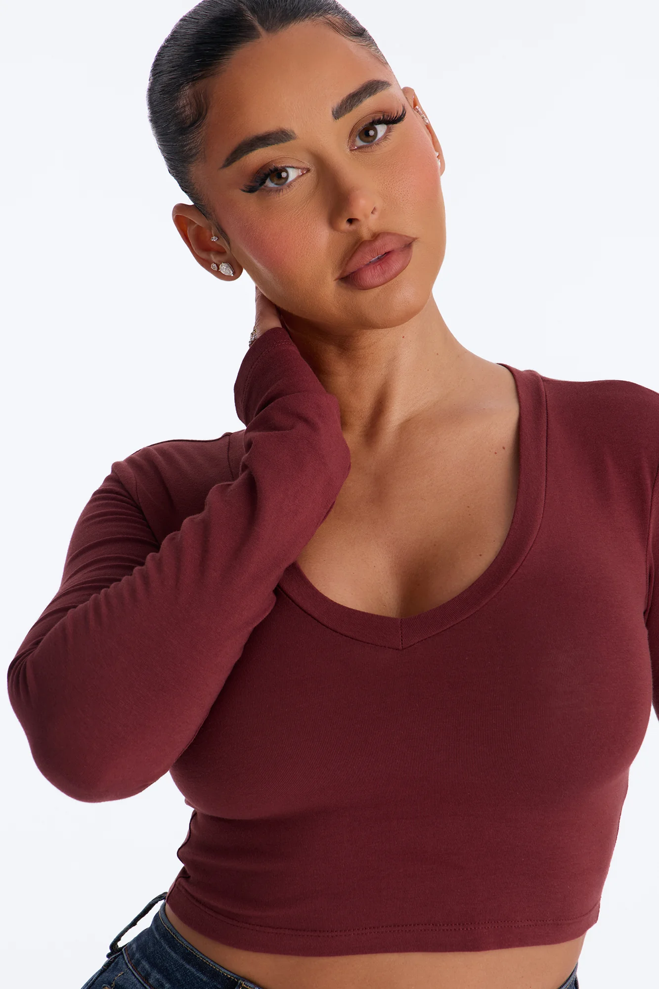 Carly V Neck Crop Long Sleeve Tee - Wine - Image 3