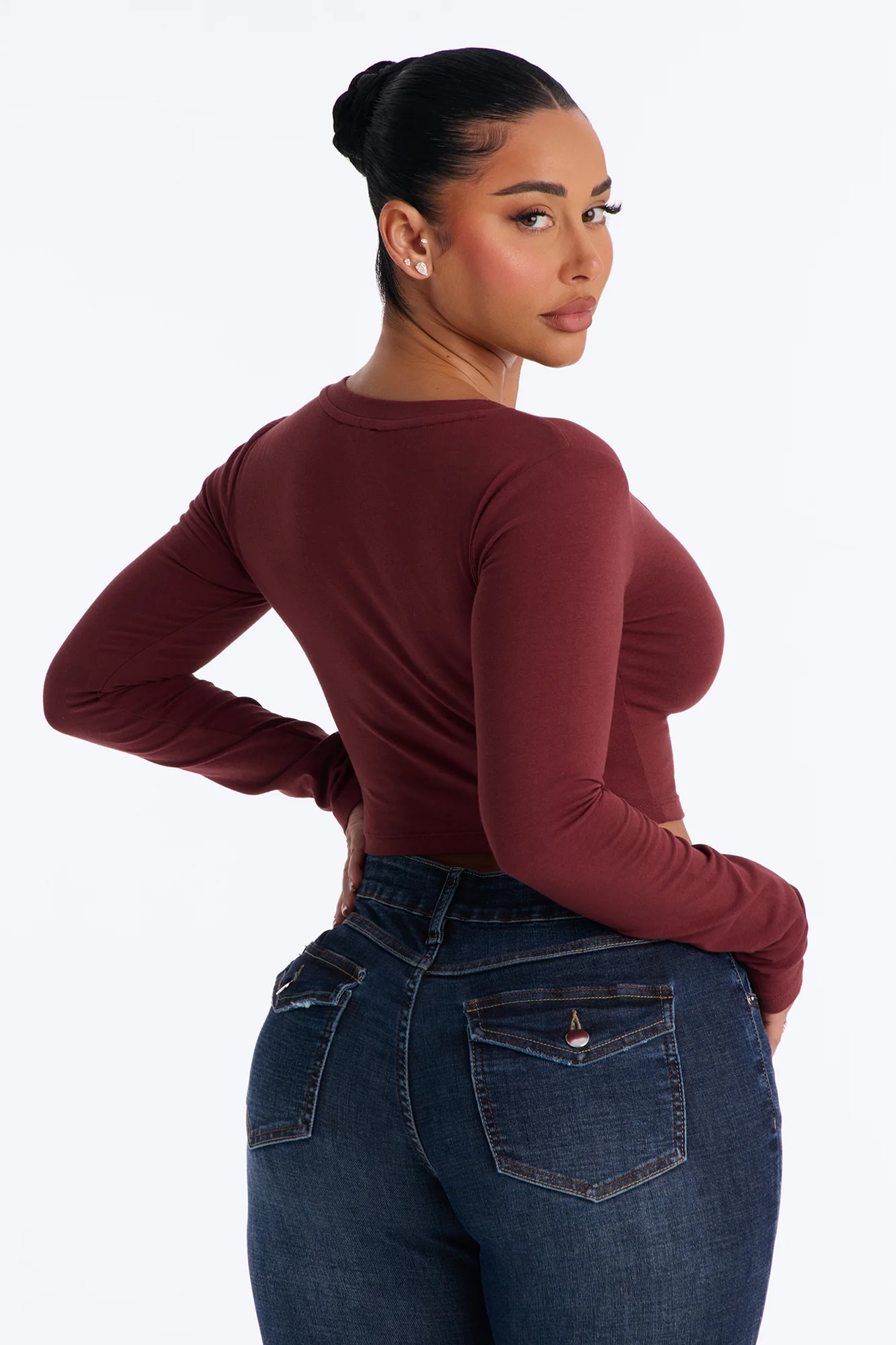 Carly V Neck Crop Long Sleeve Tee - Wine - Image 4