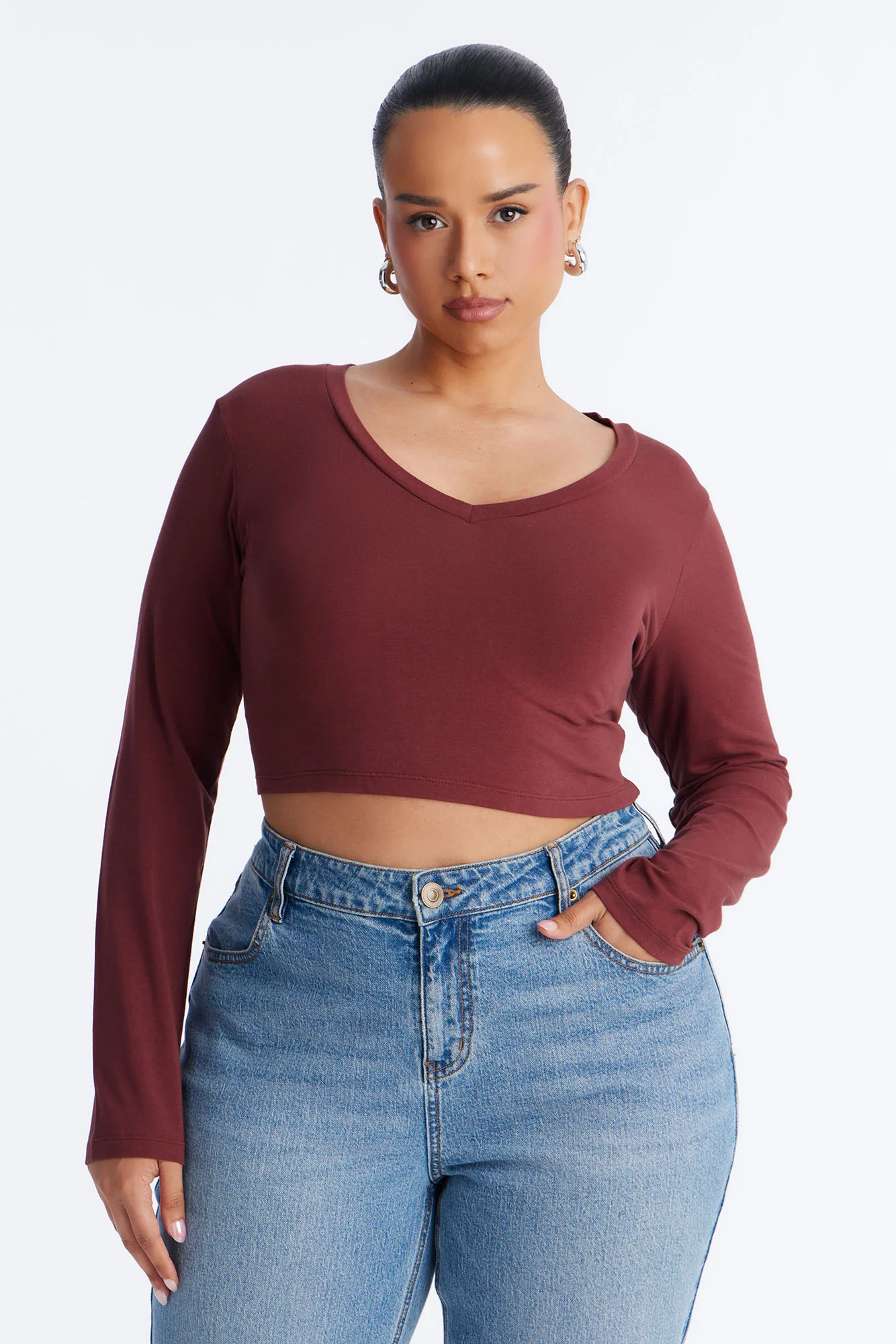 Carly V Neck Crop Long Sleeve Tee - Wine - Image 5