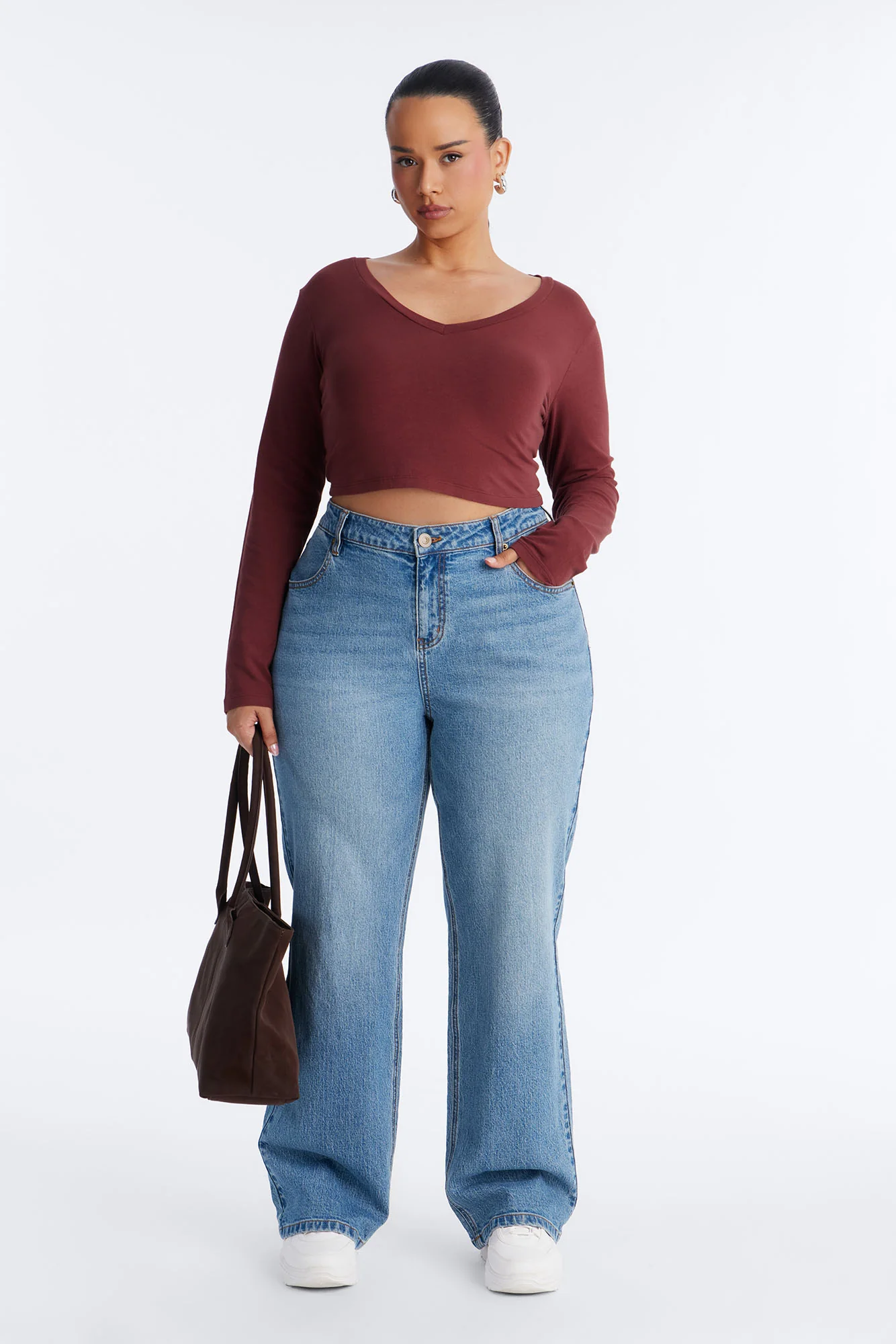 Carly V Neck Crop Long Sleeve Tee - Wine - Image 6