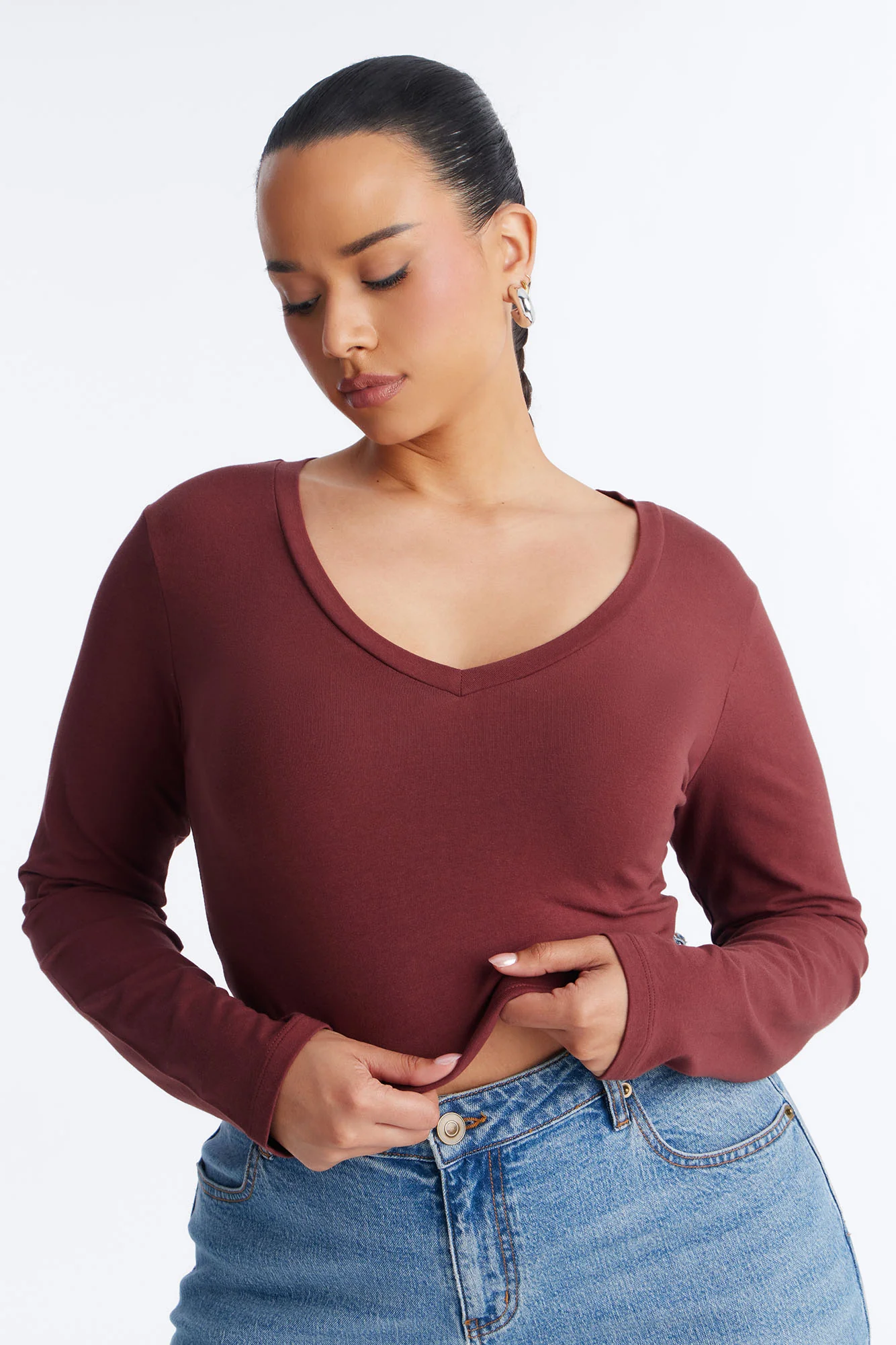 Carly V Neck Crop Long Sleeve Tee - Wine - Image 7