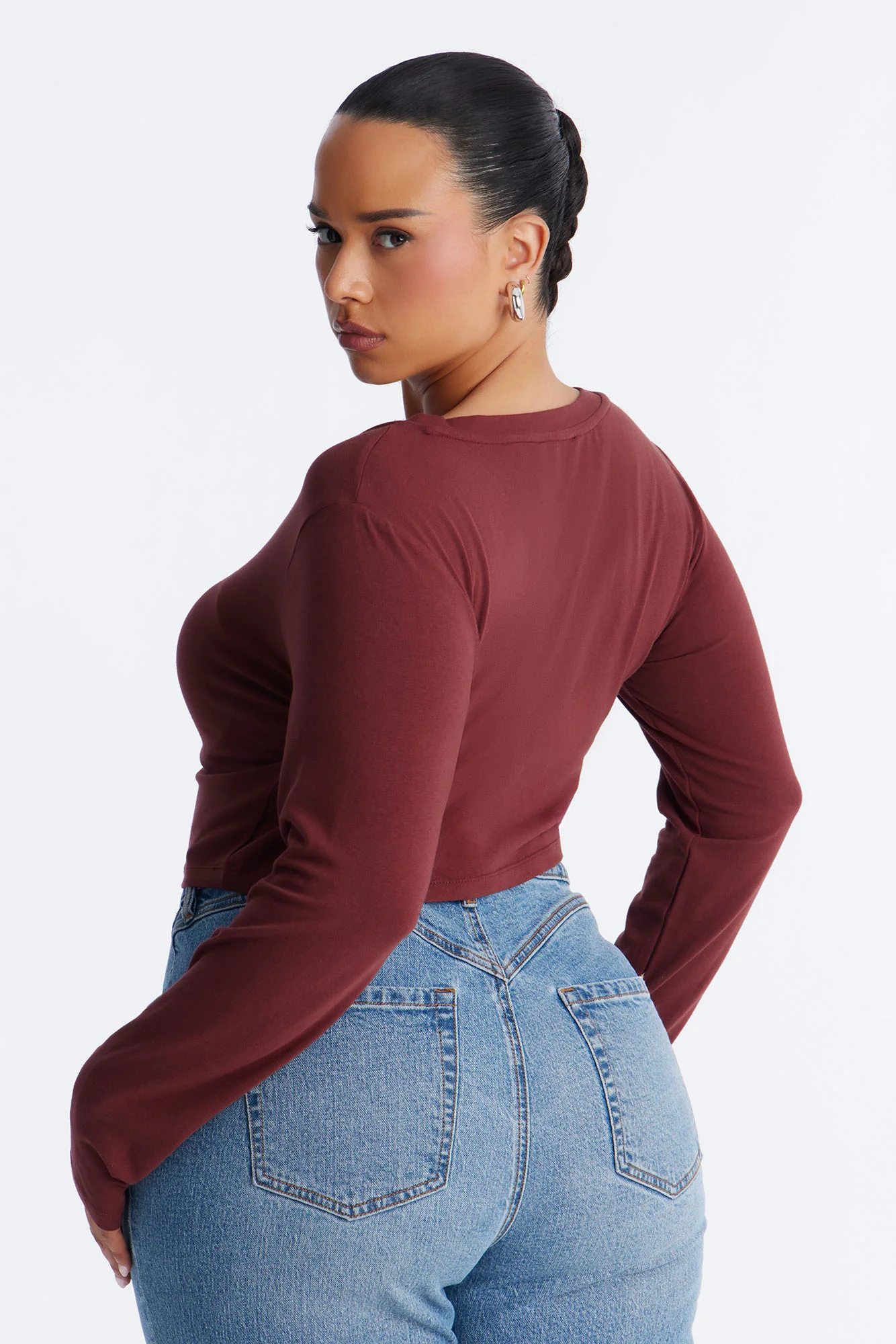 Carly V Neck Crop Long Sleeve Tee - Wine - Image 8