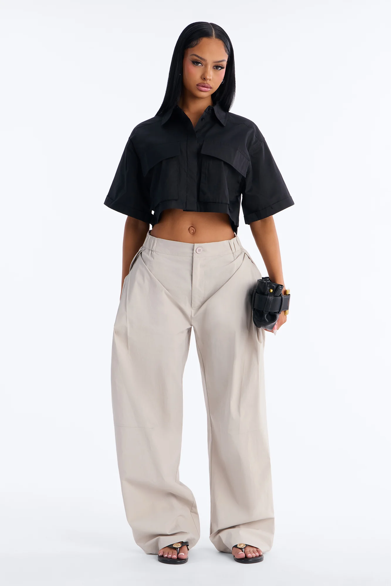 Carmen Cropped Poplin Shirt - Black - Image 2