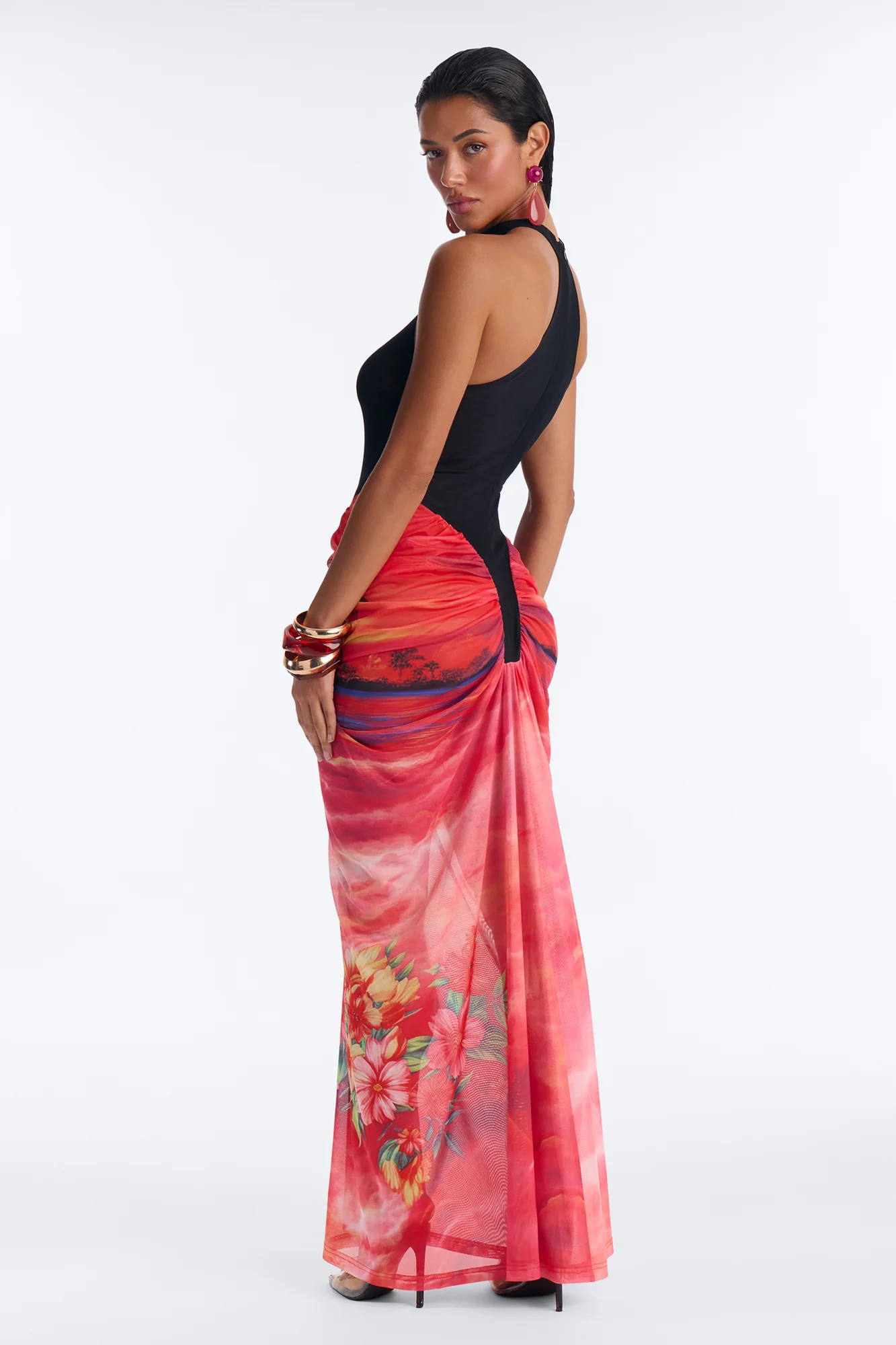 Carmen Ruched Mesh Maxi Dress - Black/combo - Image 4