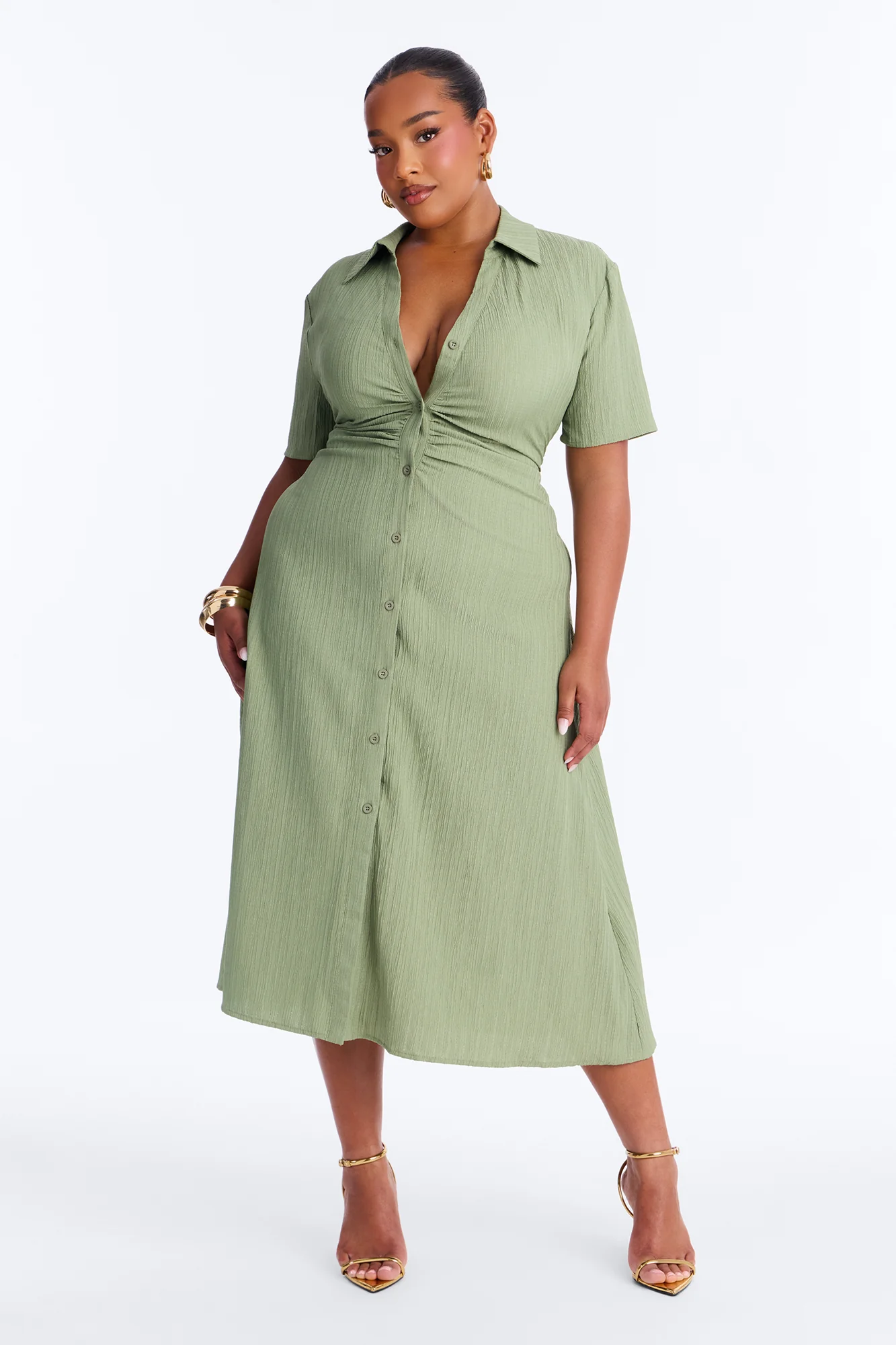Carmen Ruched Shirt Midi Dress - Olive - Image 5