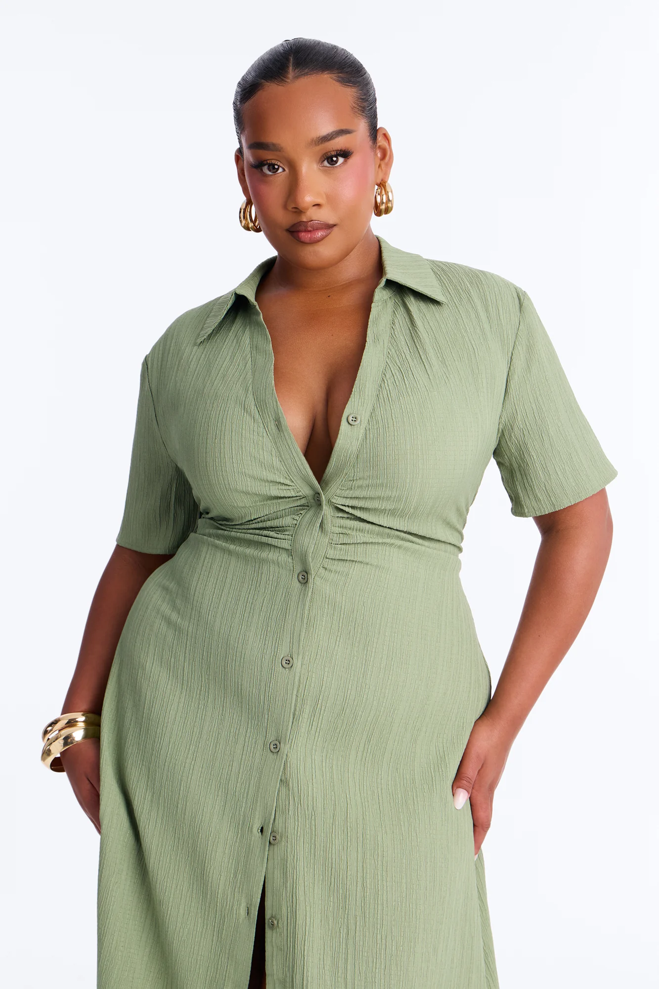 Carmen Ruched Shirt Midi Dress - Olive - Image 6
