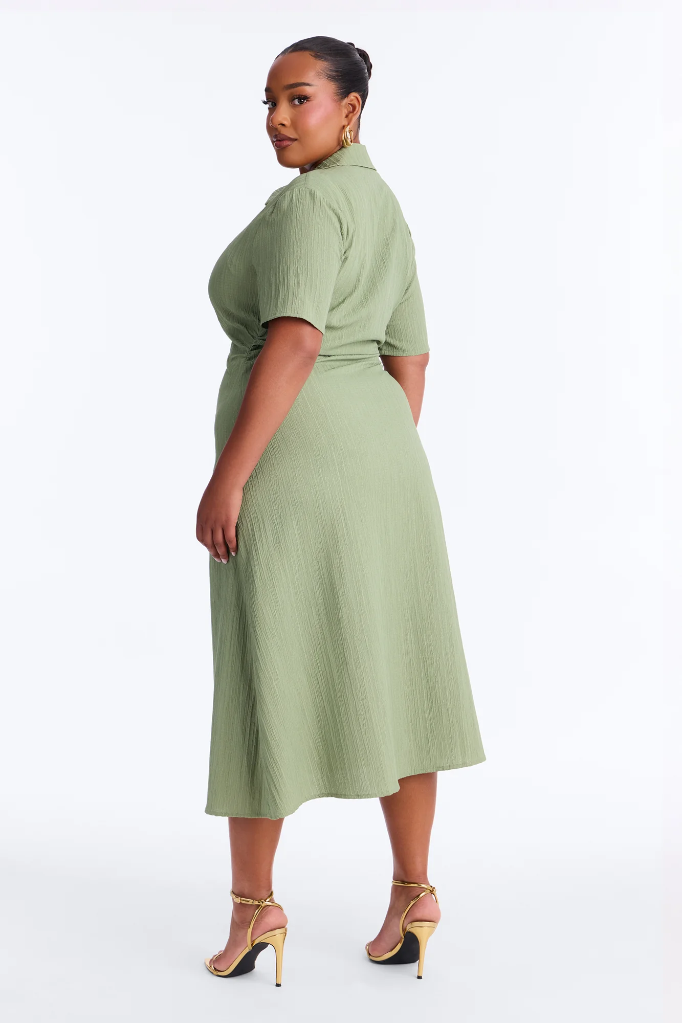 Carmen Ruched Shirt Midi Dress - Olive - Image 8