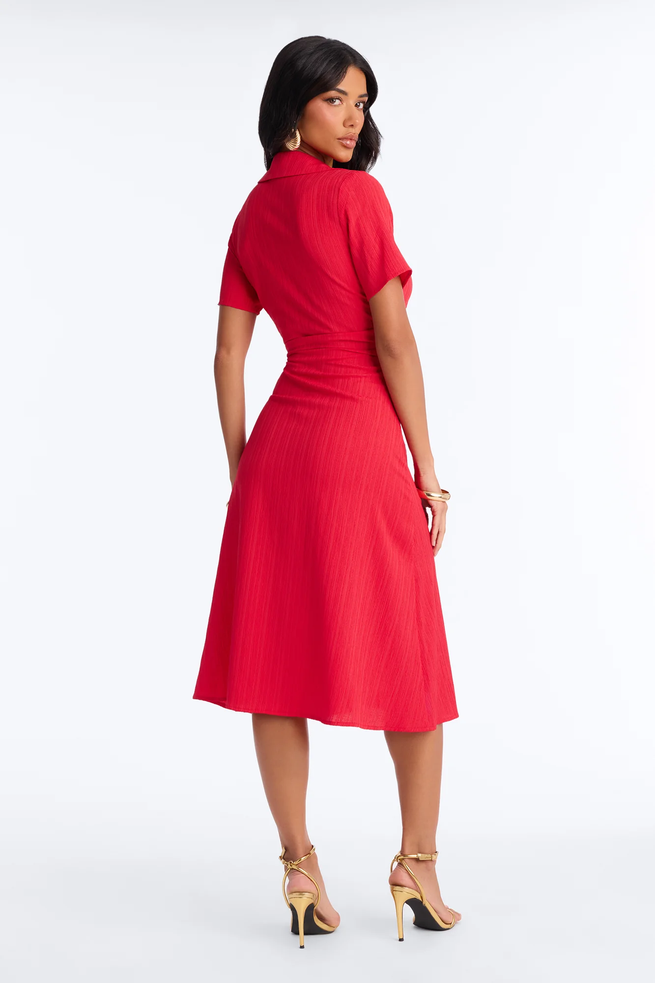 Carmen Ruched Shirt Midi Dress - Red - Image 4