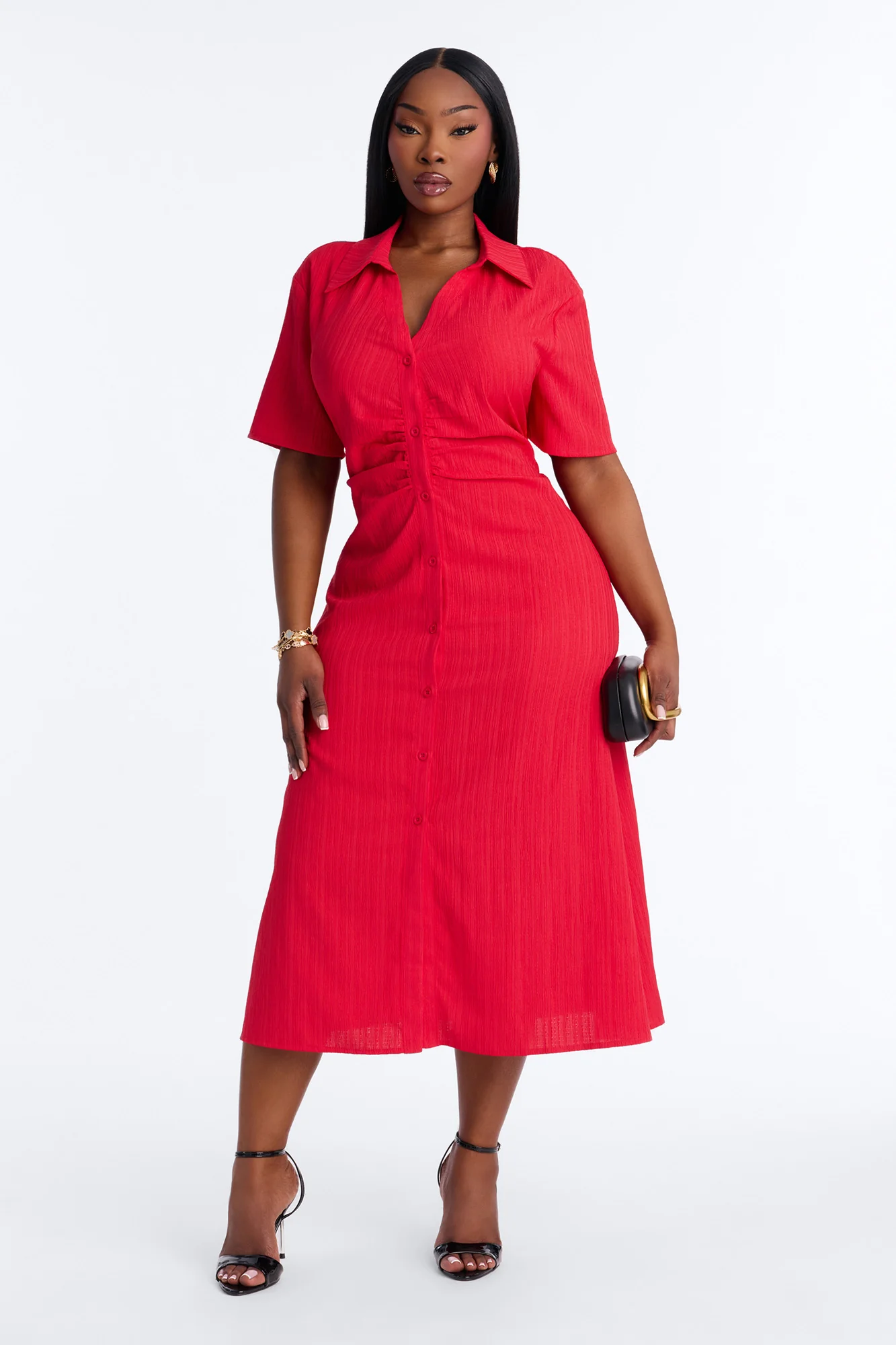 Carmen Ruched Shirt Midi Dress - Red - Image 5
