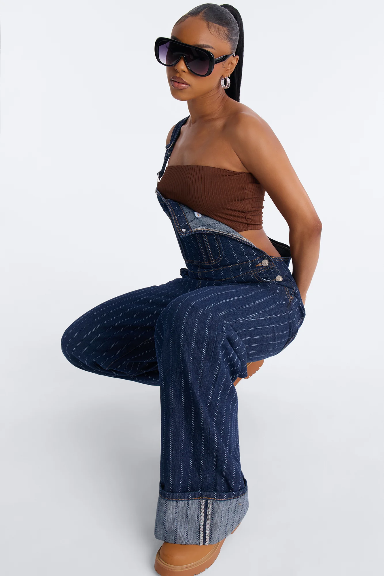 Carnaby Street Cuffed Baggy Denim Overalls - Dark Wash - Image 2