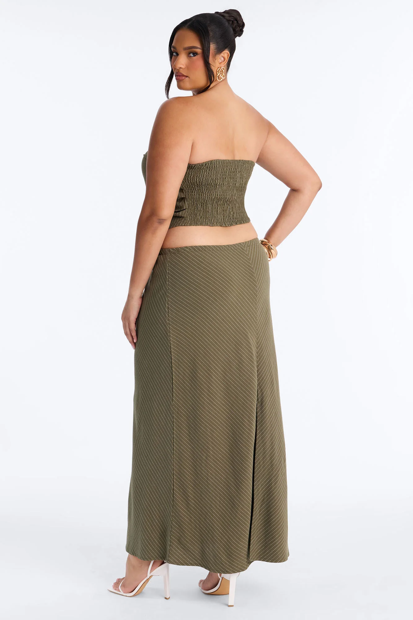 Carolina Linen Pinstripe Maxi Skirt Set - Olive - Image 4