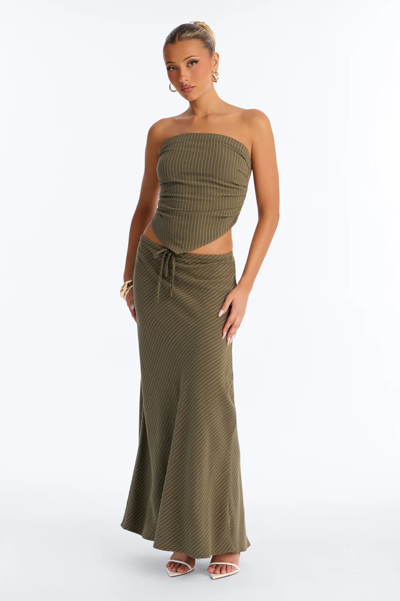 Carolina Linen Pinstripe Maxi Skirt Set - Olive - Image 5