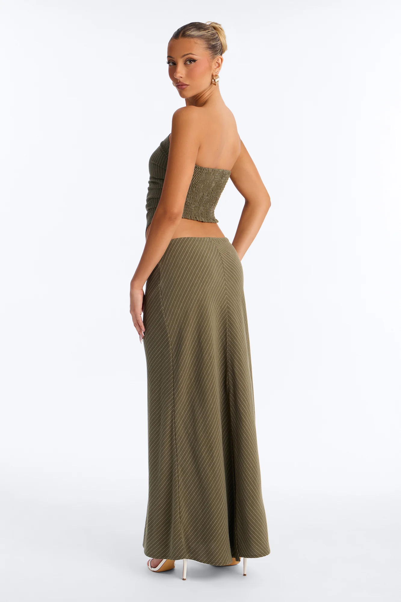 Carolina Linen Pinstripe Maxi Skirt Set - Olive - Image 7
