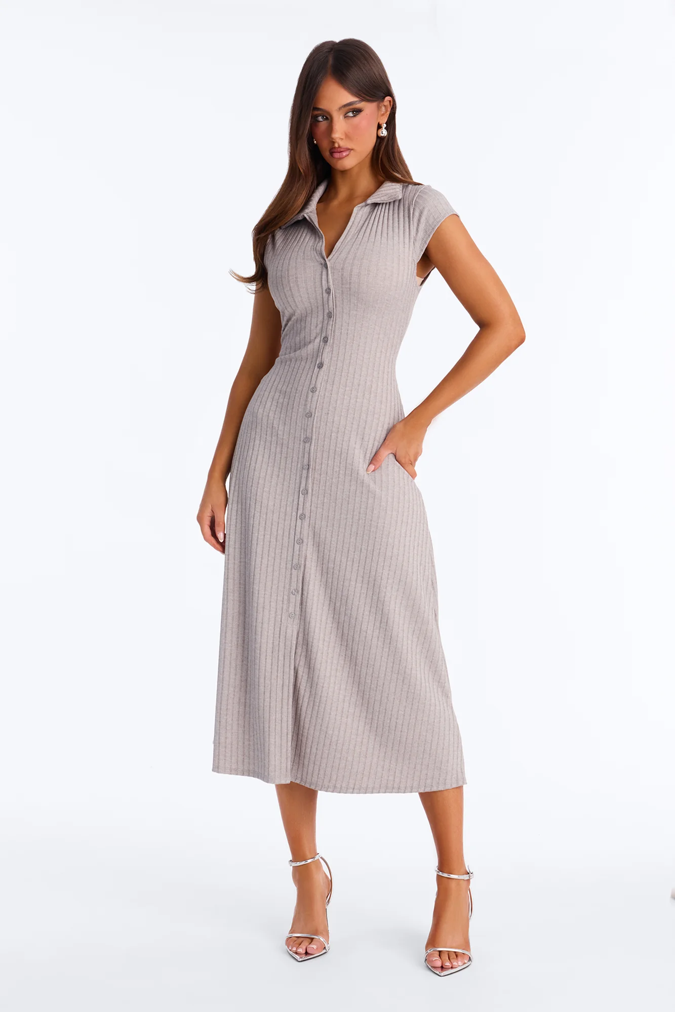 Casey Button Up Ribbed Midi Dress - Grey