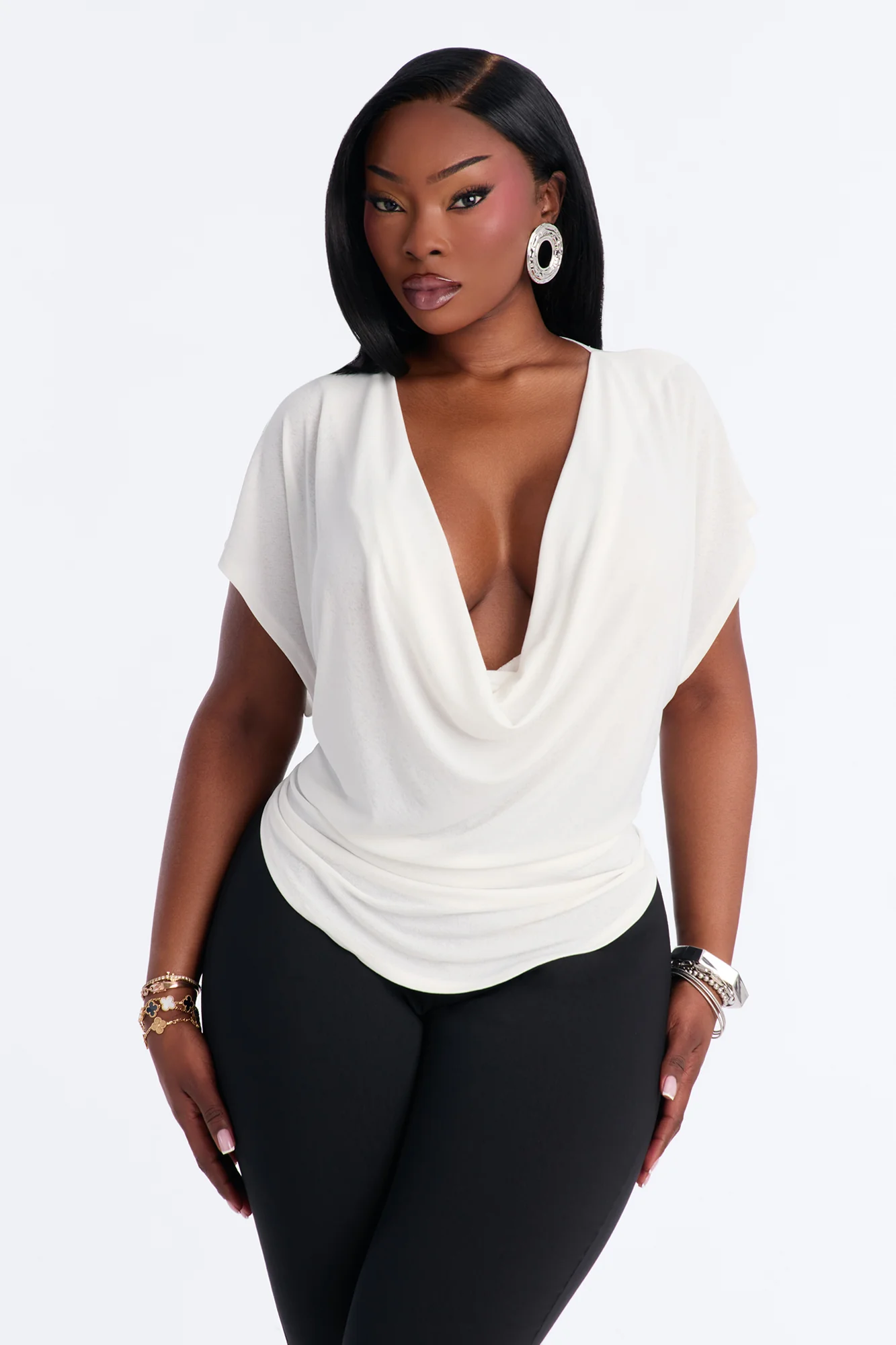 Casey Deep V-Neck Short Sleeve Top - White - Image 5