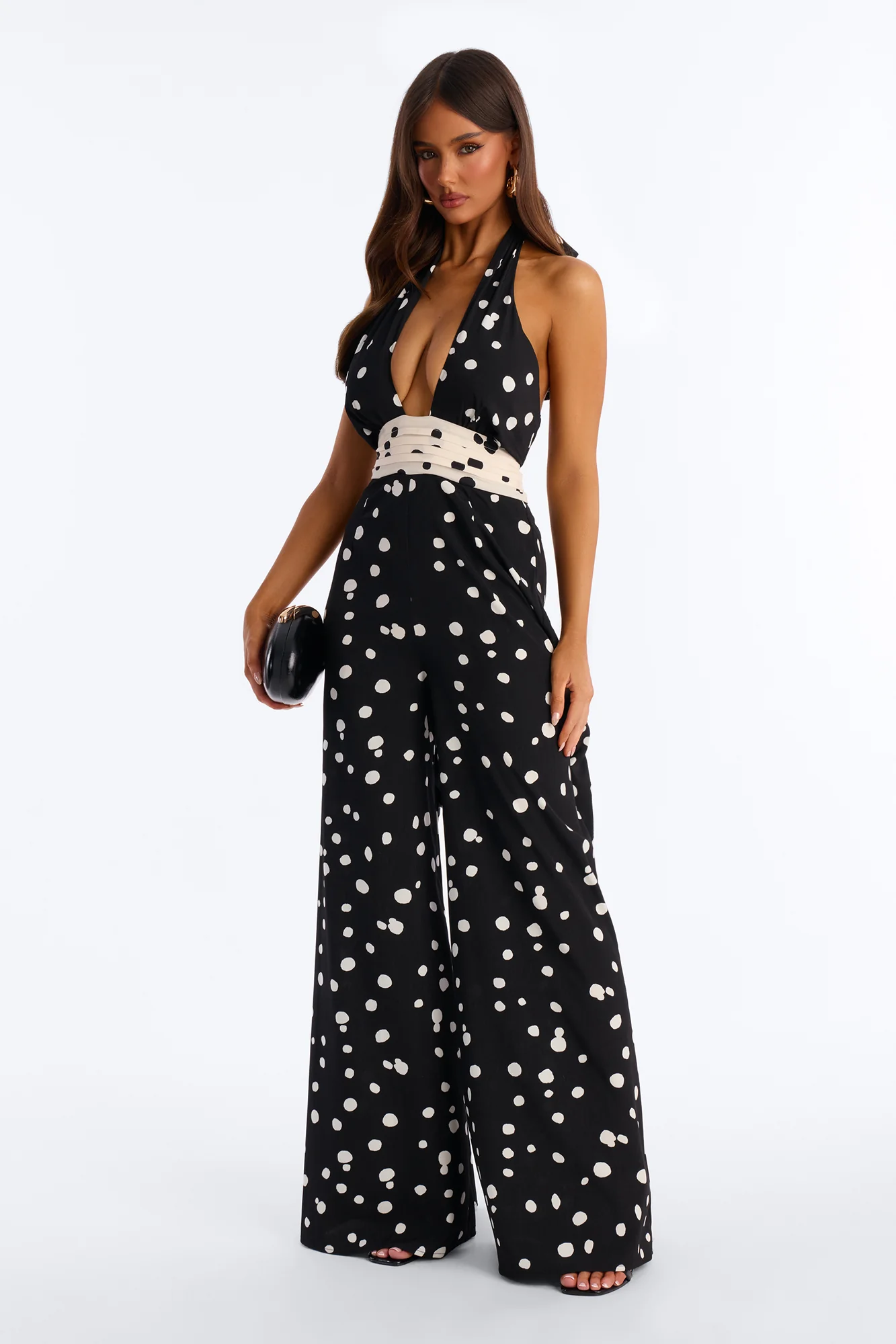 Casey Polka Dot Halter Wide Leg Jumpsuit - Black/combo