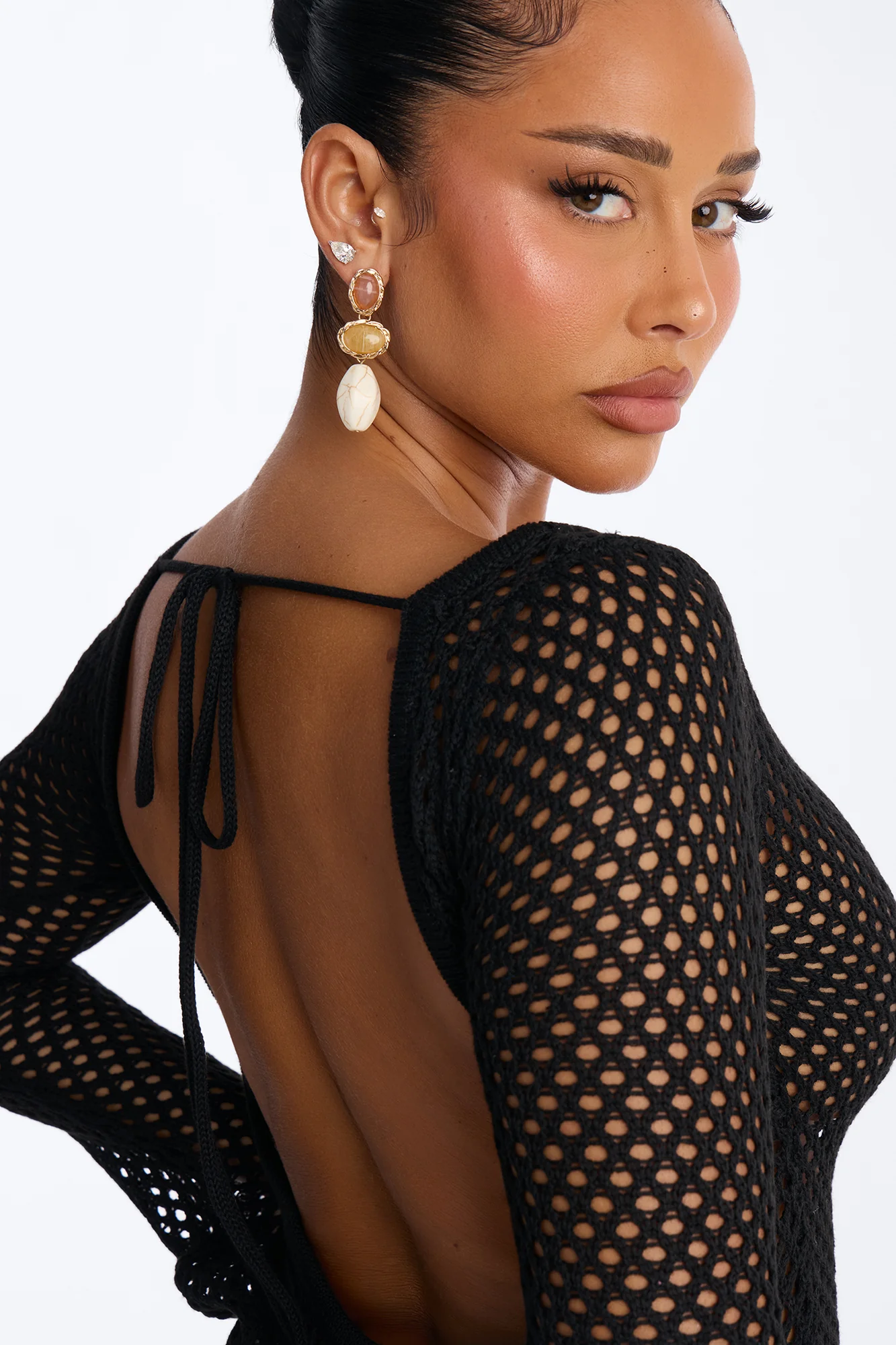 Cassie Crochet Deep Scoop Backless Cover Up Dress - Black - Image 3