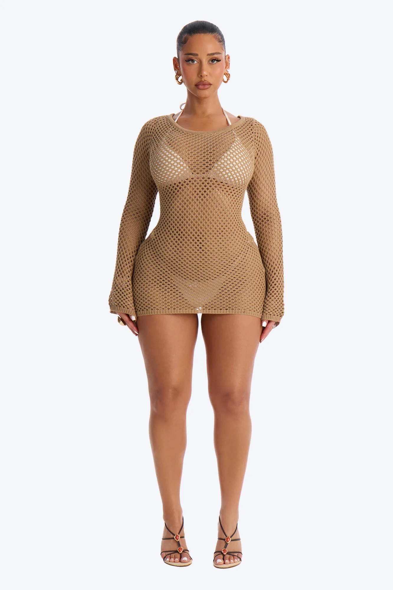 Cassie Crochet Deep Scoop Backless Cover Up Dress - Tan - Image 2