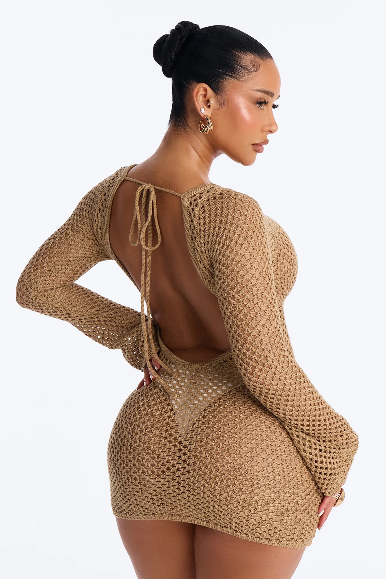 Cassie Crochet Deep Scoop Backless Cover Up Dress - Tan - Image 4