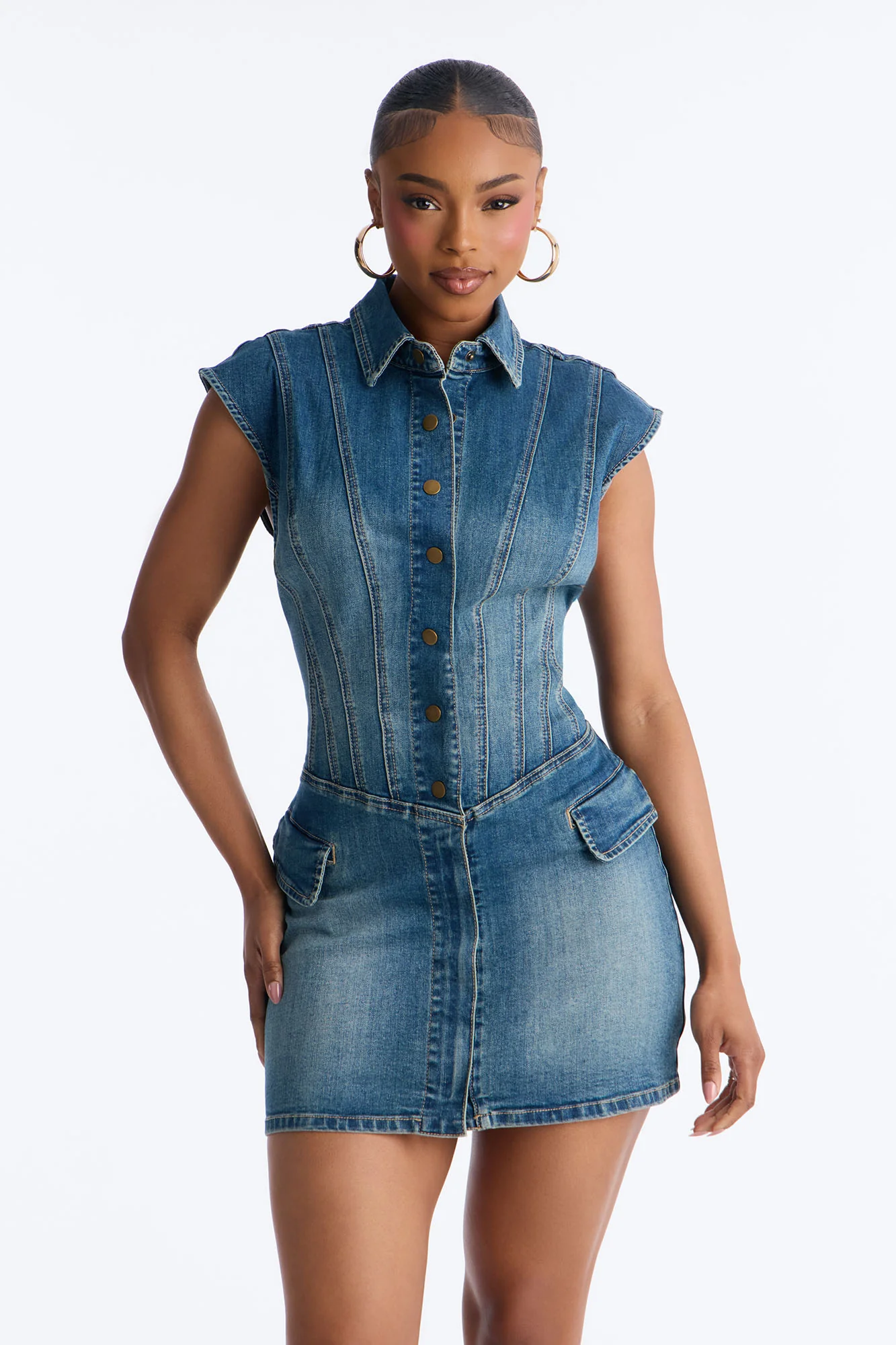 Casual But Cute Short Sleeve Denim Mini Dress - Denim - Image 2