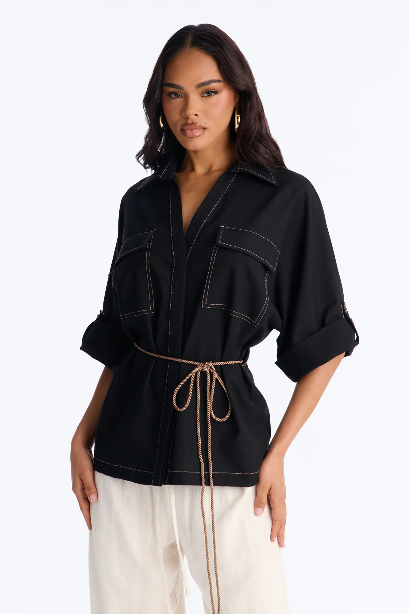 Casual Class Belted Linen Shirt - Black