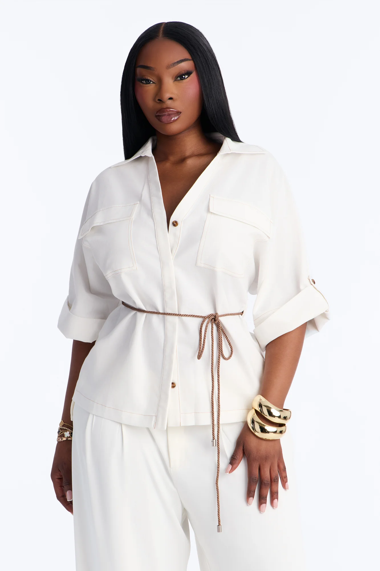 Casual Class Belted Linen Shirt - White - Image 6