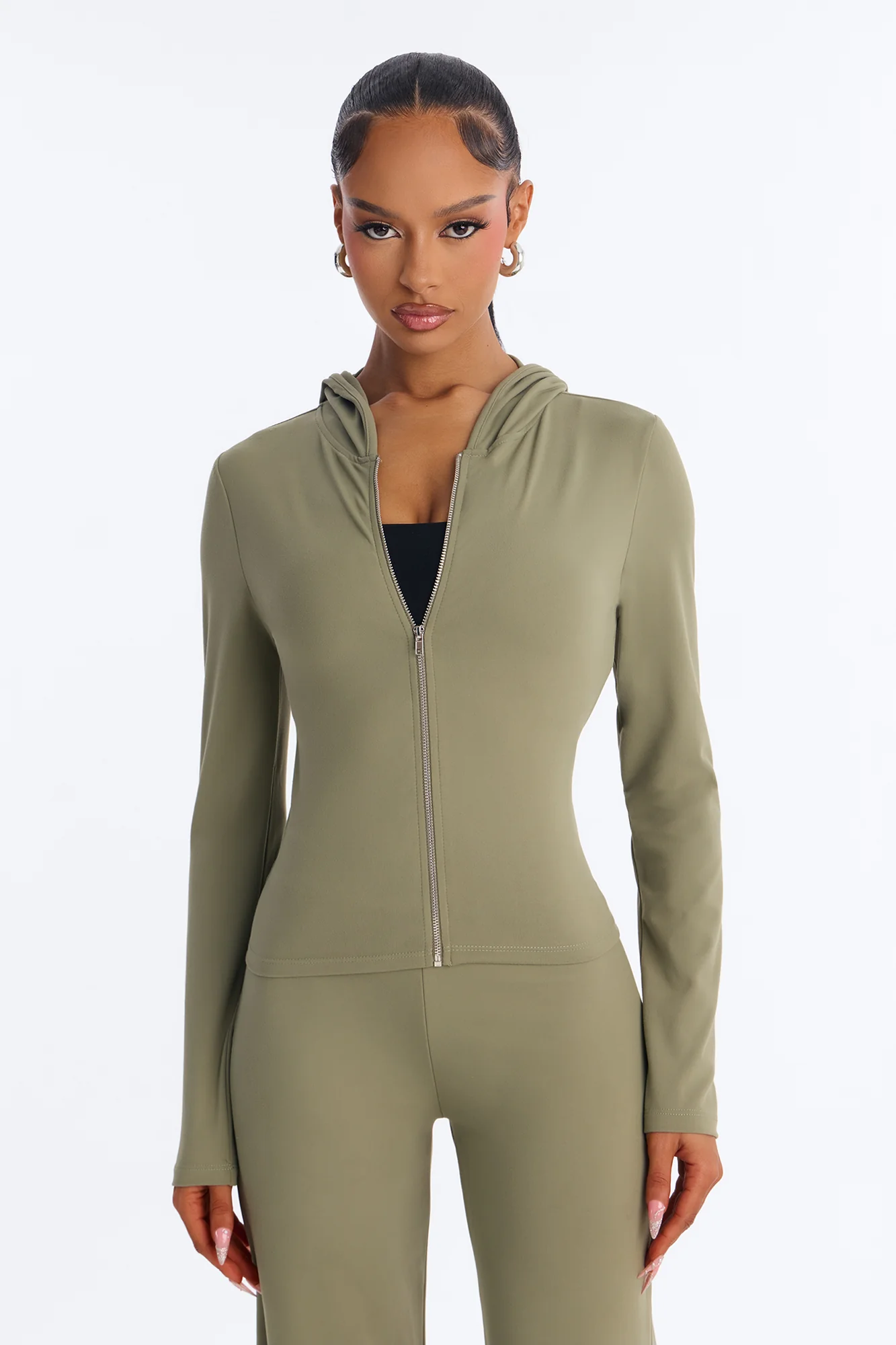 Casual Vibe Zip Up Hoodie Pant Set - Olive - Image 3