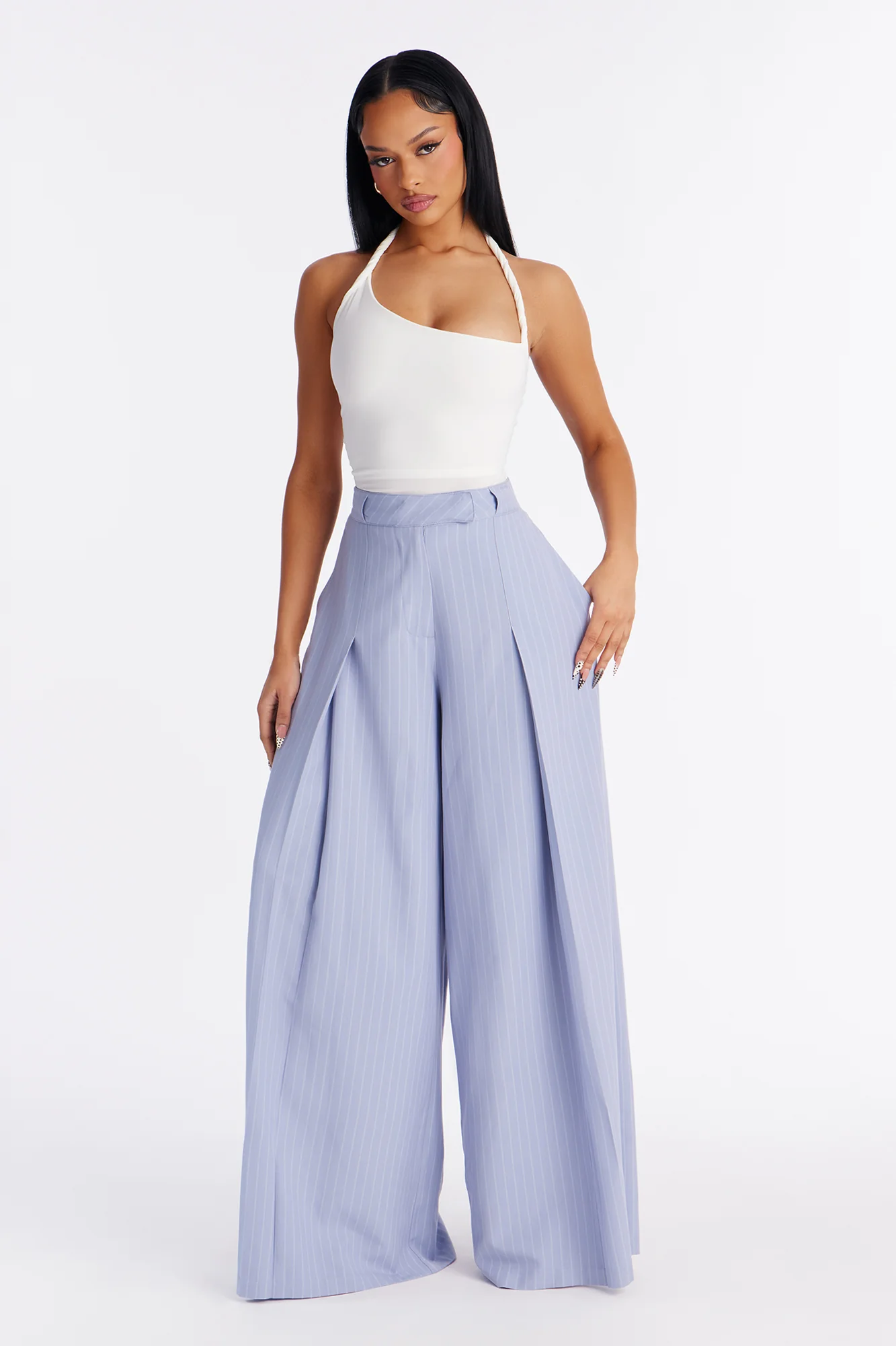 Catch A Break Pinstripe Wide Leg Pant 33″ - Blue/combo