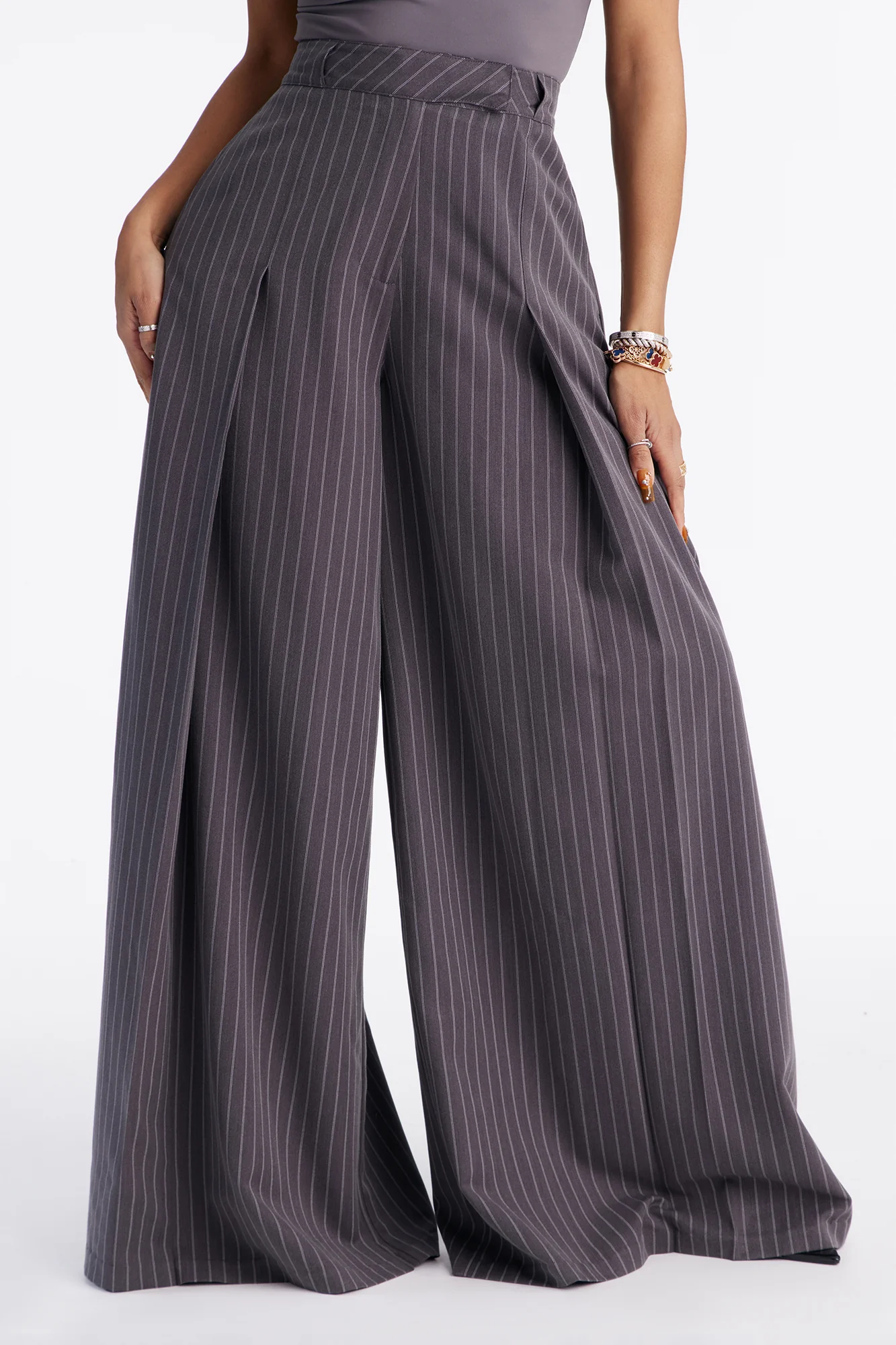 Catch A Break Pinstripe Wide Leg Pant 33″ - Dark Grey - Image 2