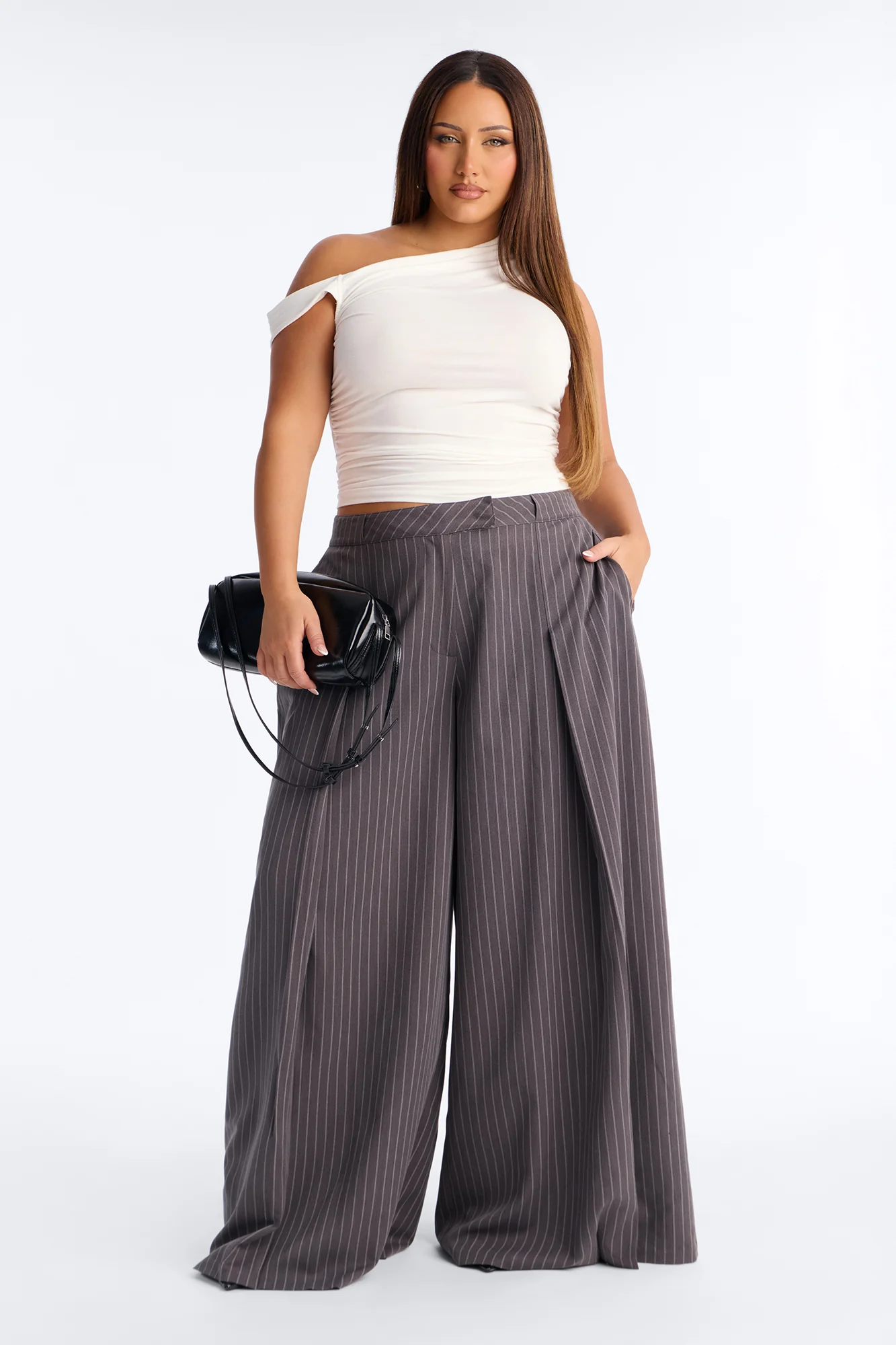 Catch A Break Pinstripe Wide Leg Pant 33″ - Dark Grey - Image 5