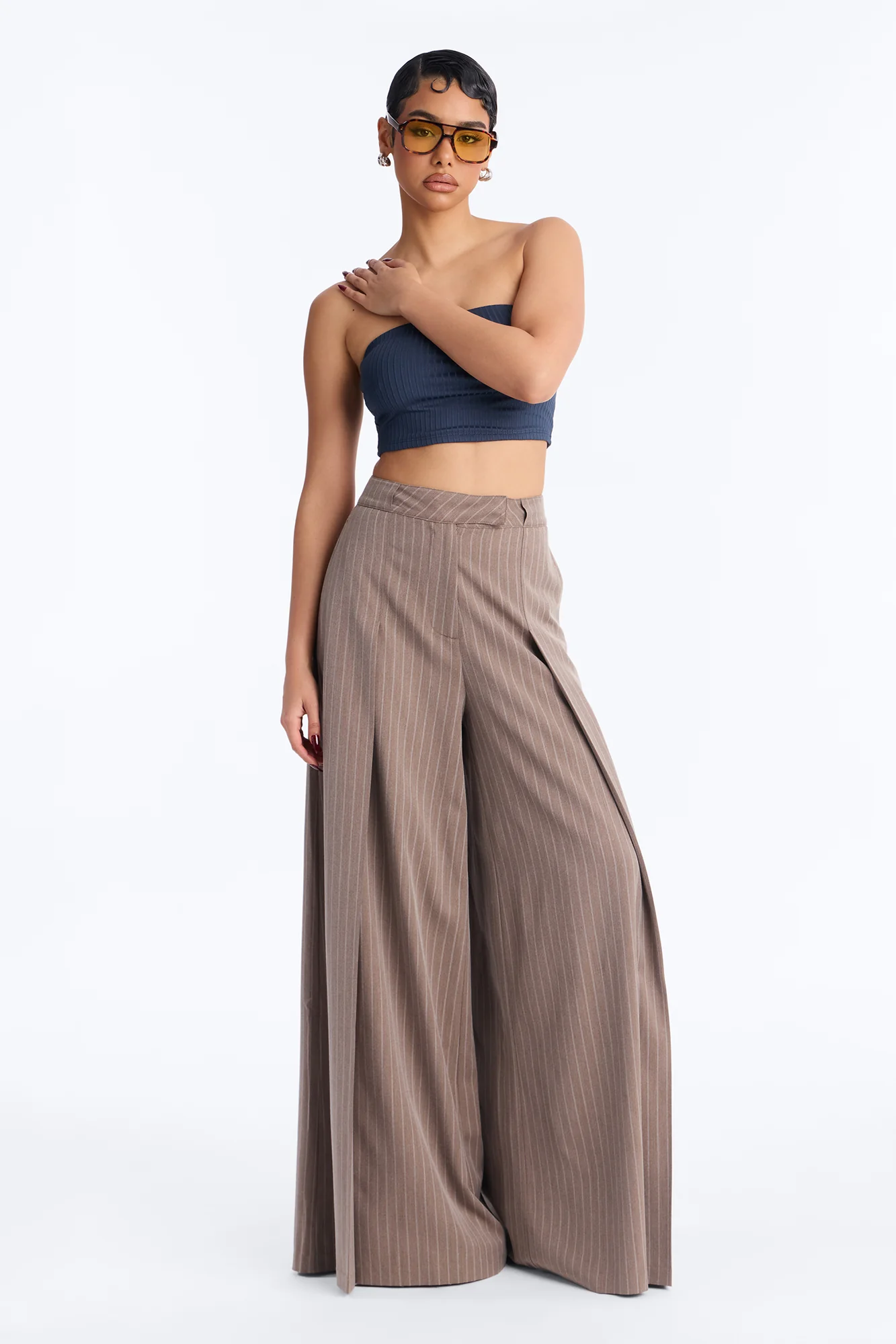 Catch A Break Pinstripe Wide Leg Pant 33″ - Mocha/combo