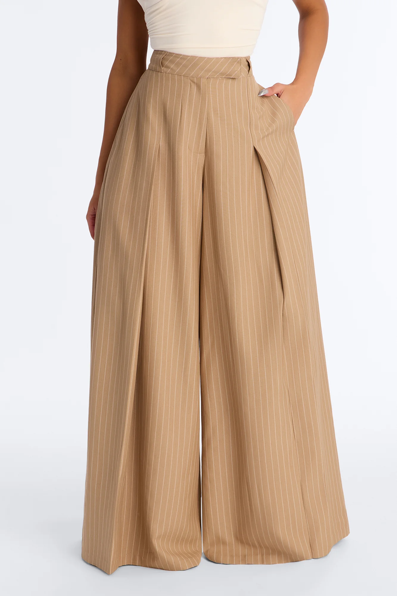 Catch A Break Pinstripe Wide Leg Pant 33″ - Taupe/combo - Image 2