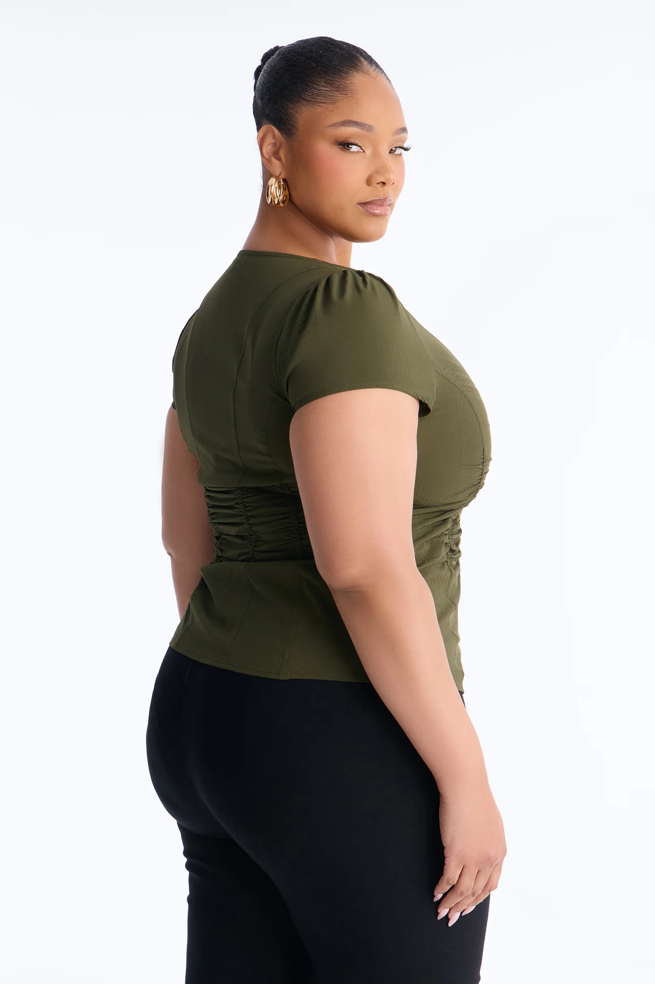 Catch Feelings Short Sleeve Ruched Top - Olive - Image 8